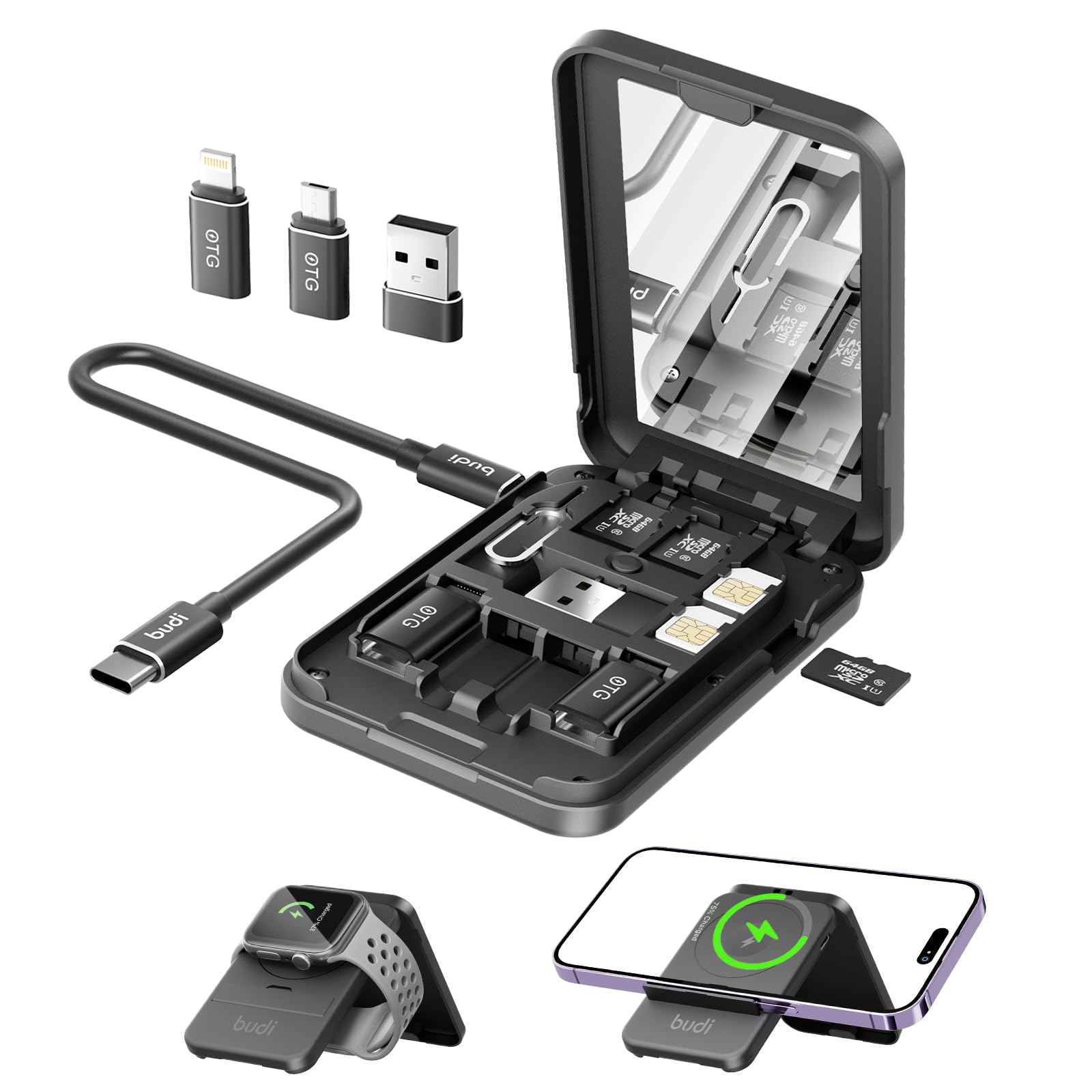 BUDI Travel 5-in-1 Watch & Phone Charger - 15W Wireless Charging, USB-C Cable & OTG Adapter Kit - Compact Multifunctional Data Transfer Case for iPhone, Samsung, Smartwatches - Perfect for Travel, Business & Daily Use