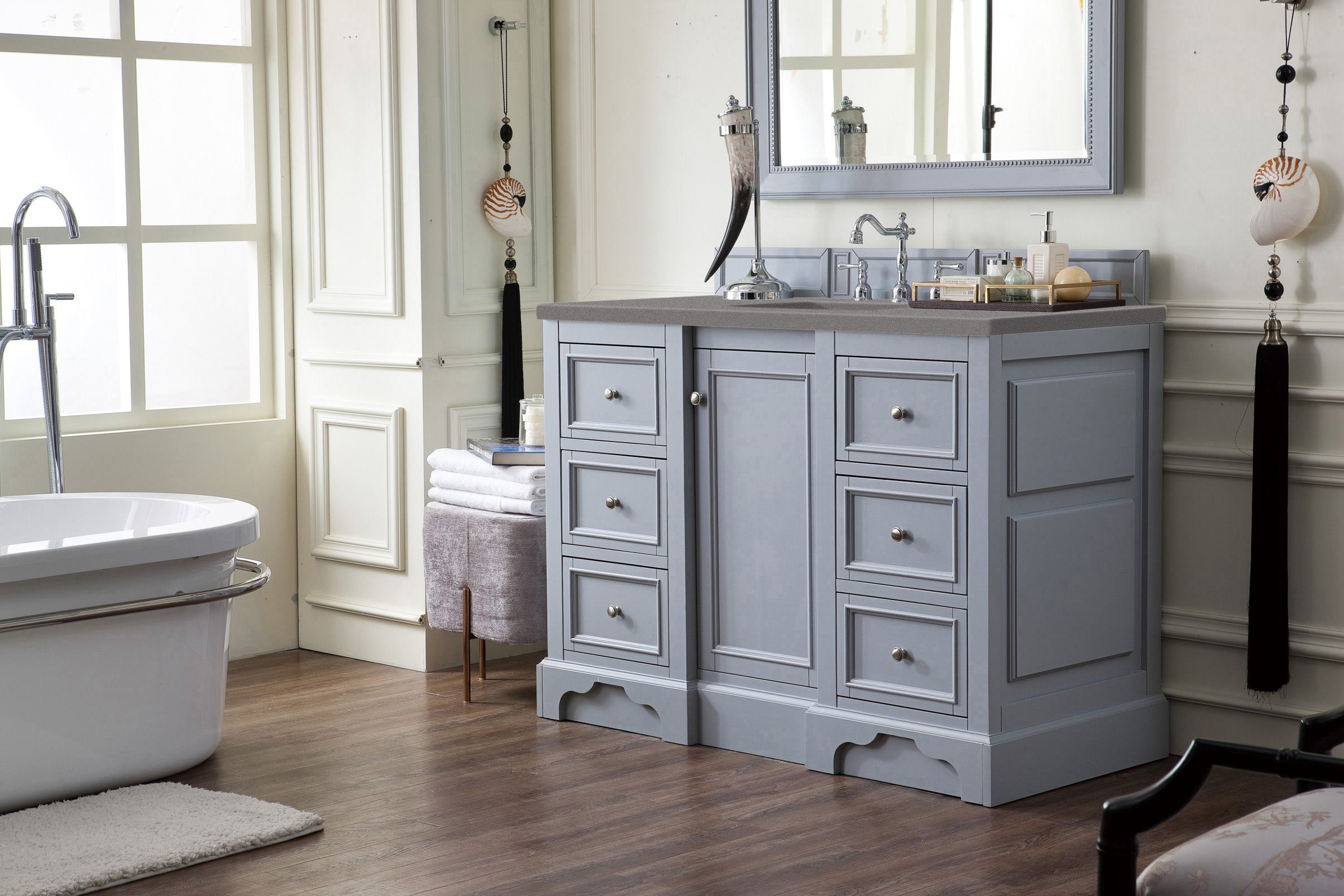De Soto 48 Inch Single Bathroom Vanity with Silver Gray Finish & 3CM Grey Expo Quartz Countertop - Perfect for Modern Home Bathroom Renovation and Space-Saving Design