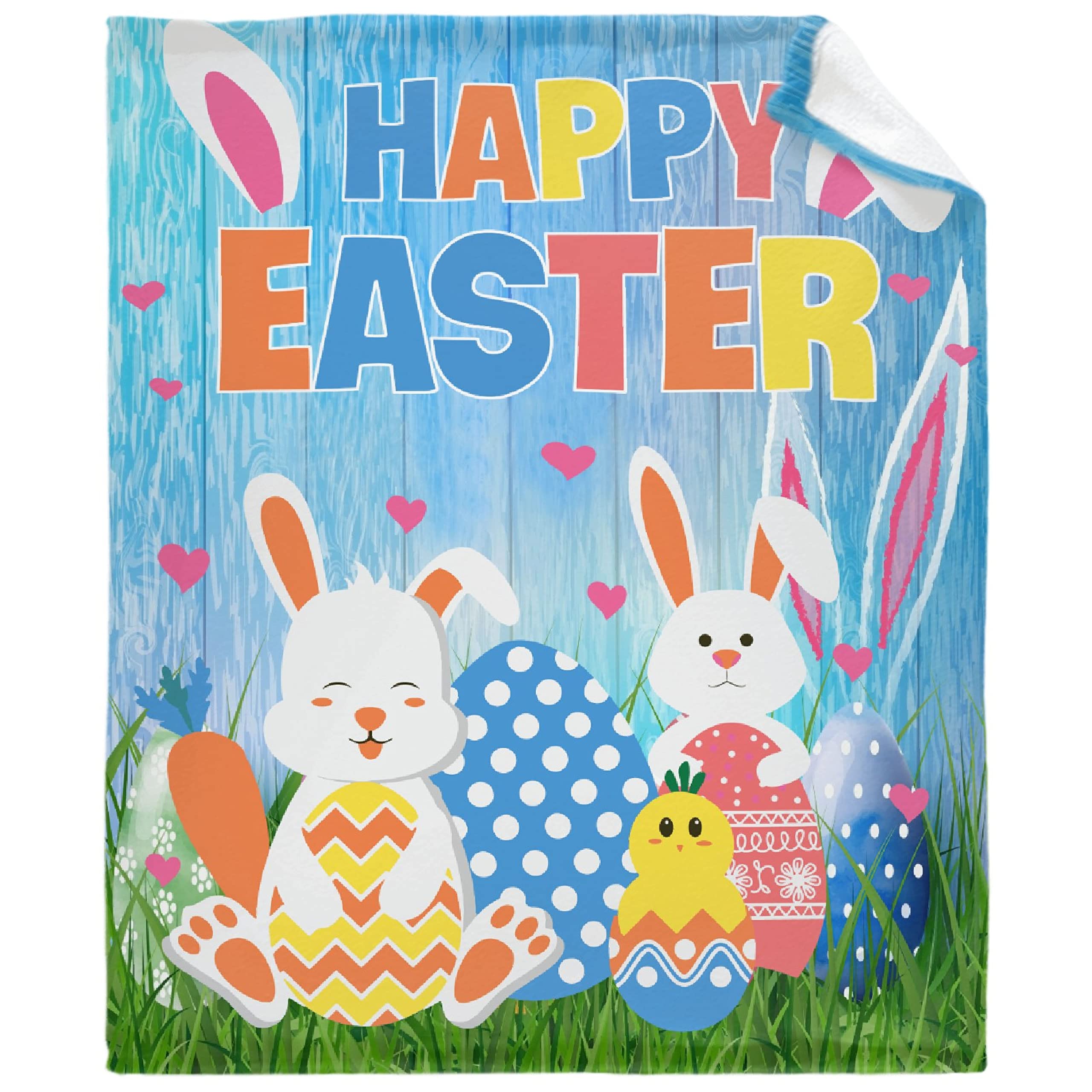 Happy Easter Bunny Fleece Throw Blanket - Soft Colorful Eggs Design, Cozy Plush Lightweight Flannel Blanket for Women & Girls (Blue, XL 120