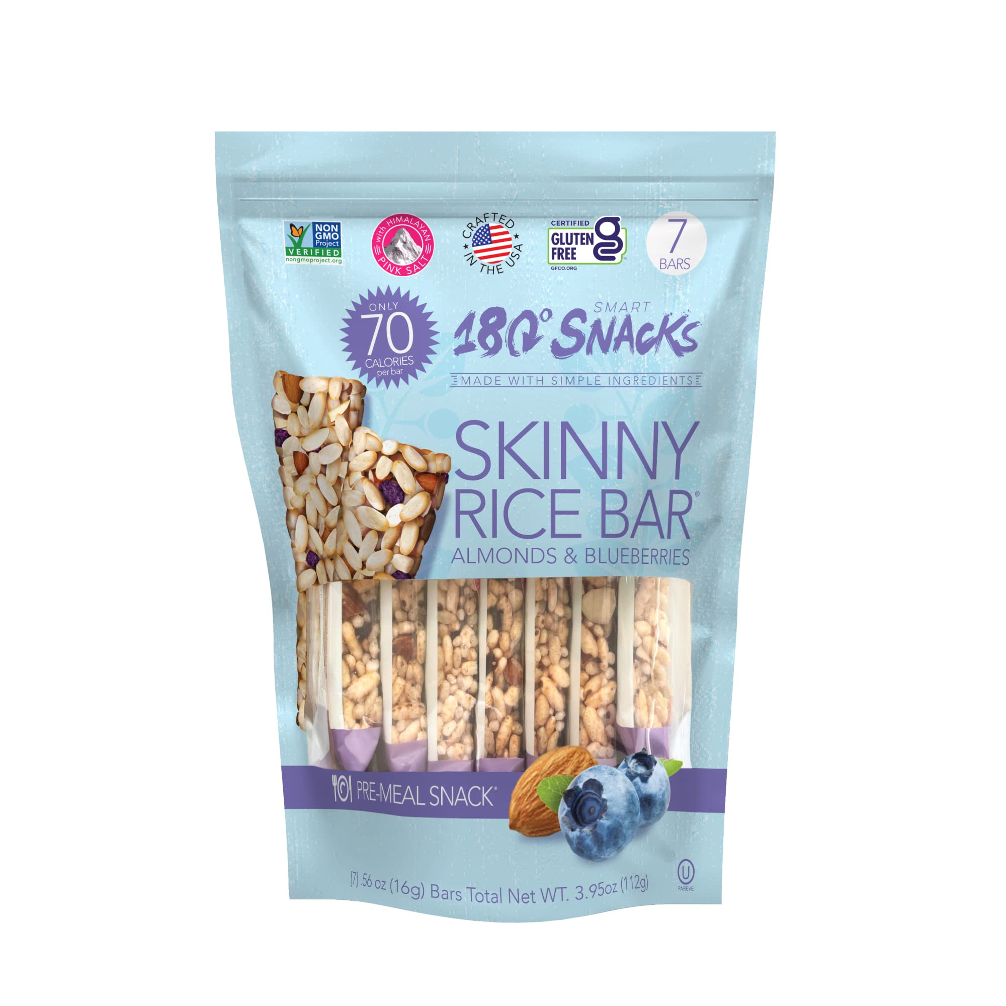 180 Snacks Pre-Meal Skinny Rice Bar with Himalayan Salt - Blueberry & Almond Flavor (1 Pack, 3.22oz) | Healthy Low-Calorie Snack for Weight Loss, Keto Diet & On-the-Go Energy