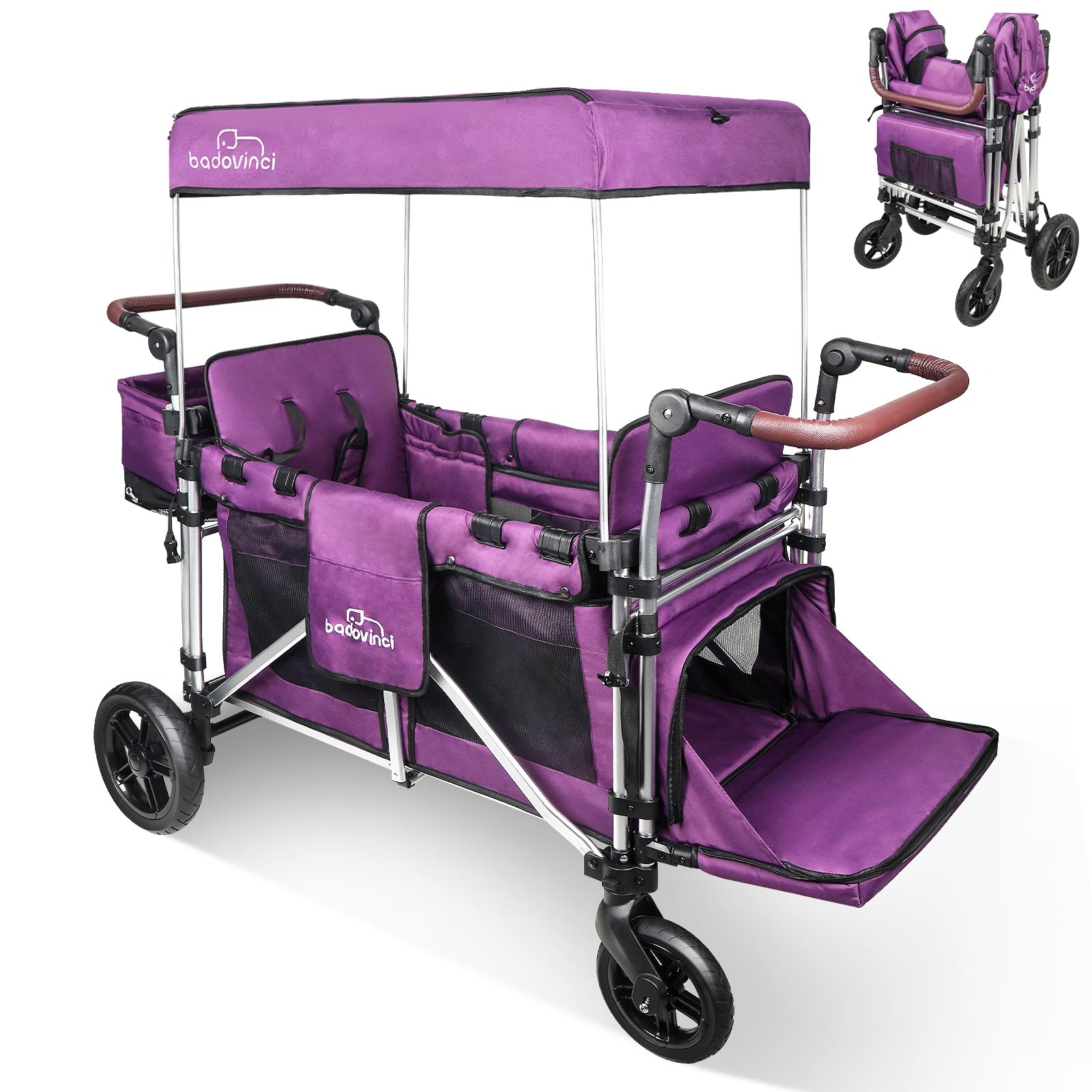 2-in-1 Stroller Wagon for Kids - Double Seat with 5-Point Safety Harness & Adjustable Canopy - Foldable Push-Pull Design for Outdoor Adventures, Shopping, and Family Outings | Perfect for Parks, Camping, and Grocery Trips
