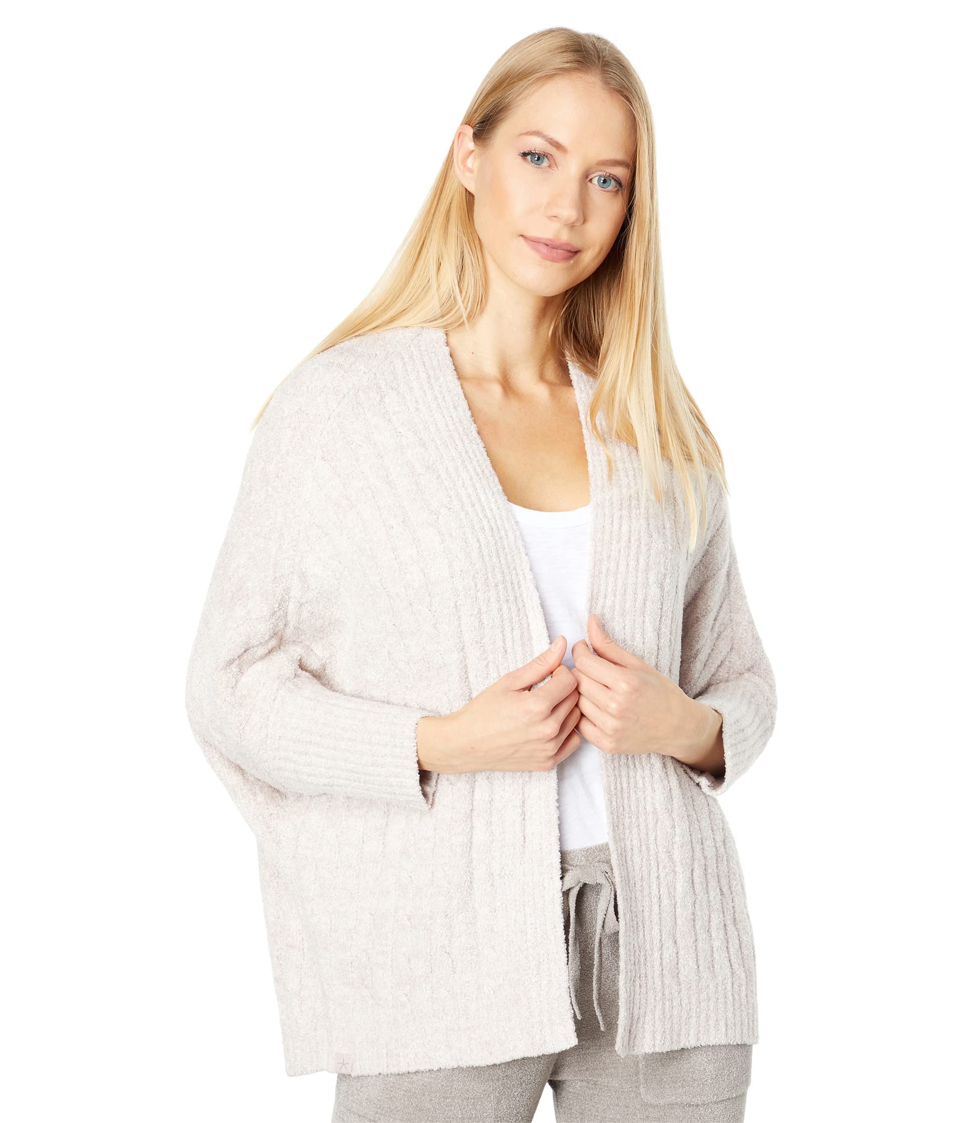 Barefoot Dreams CozyChic Lite Cable Knit Shrug Cardigan for Women - Soft 3/4 Sleeve Open Front Oversized Sweater Wrap - Perfect for Lounge, Travel & Cozy Nights at Home