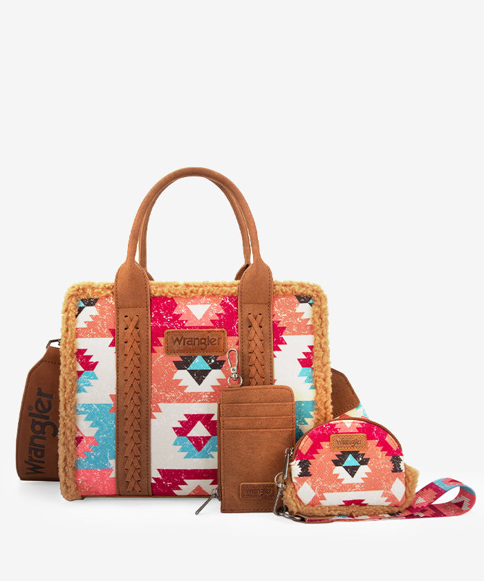Wrangler Aztec Sherpa Trim Crossbody Purse Set for Women - Stylish Boho Shoulder Bag with Fringe Detail - Perfect for Casual Outings, Music Festivals & Travel Accessories