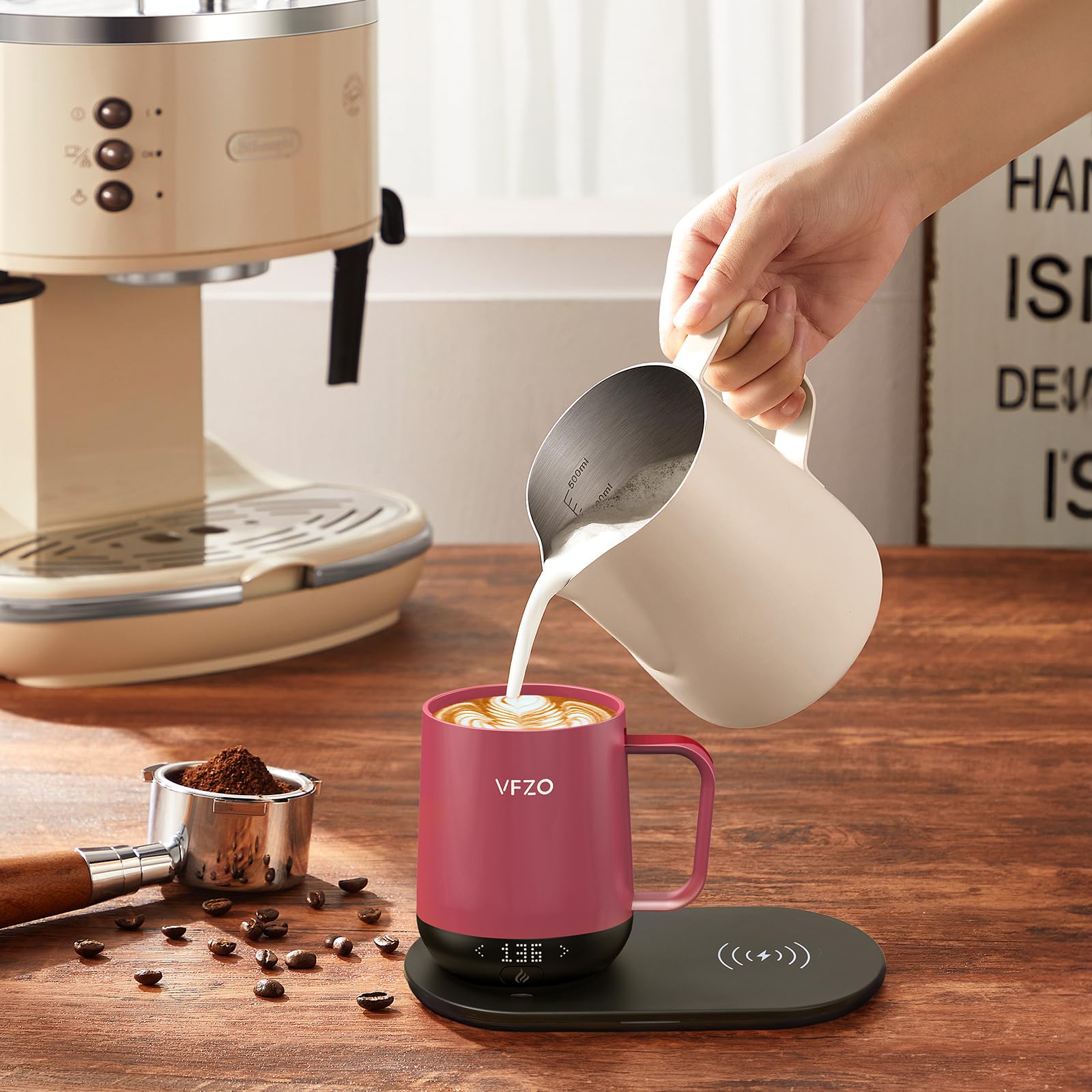 Smart Self-Heating Coffee Mug with Temperature Control & LED Display - 180 Min Battery Life, Fast Wireless Charging (149℉ Max) - Perfect for Office, Travel & Home Use - 12oz Dusty Rose Color