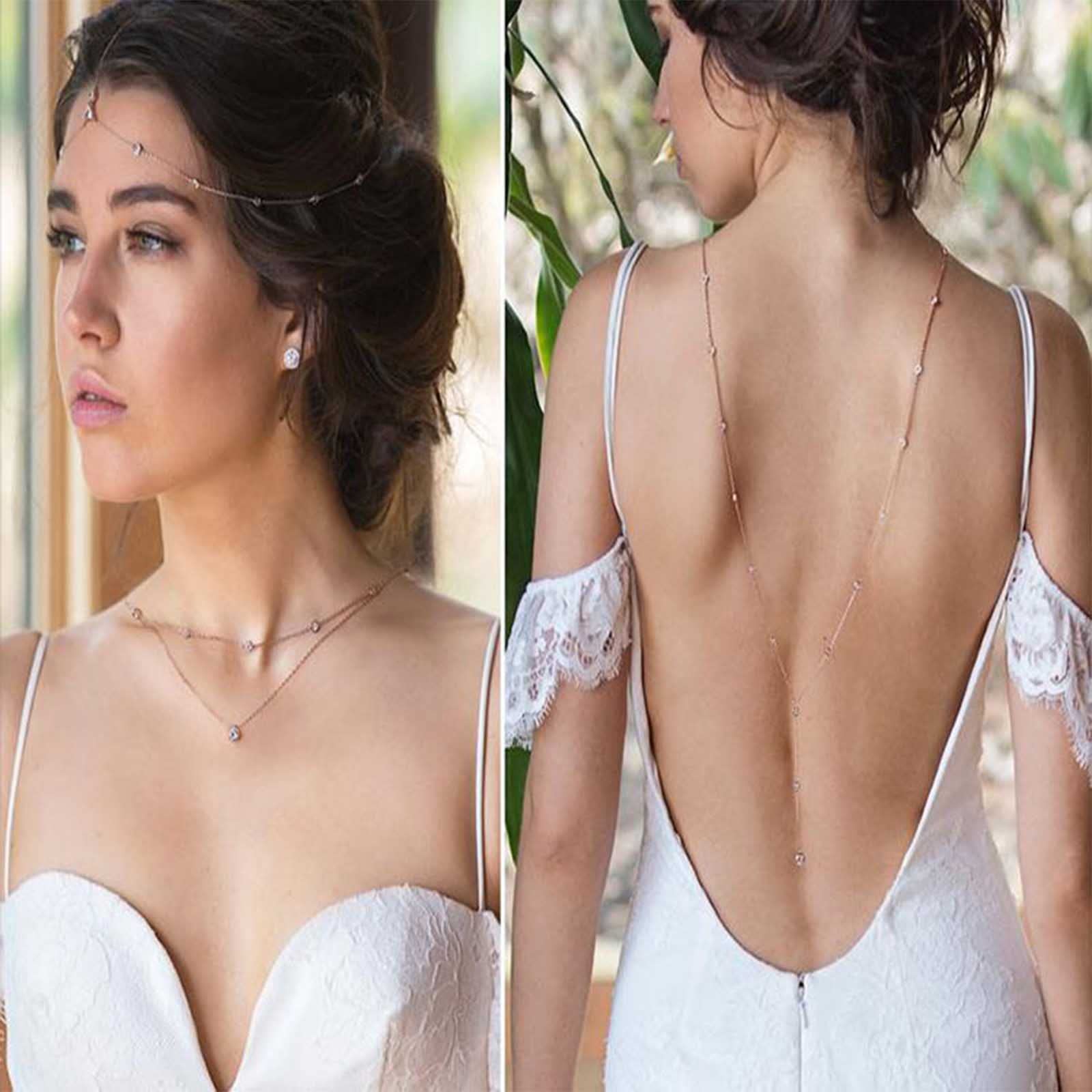 Boho Layered Rhinestone Back Necklace - Long Crystal Gold CZ Chain Necklace for Women | Vintage Body Jewelry for Summer, Beach, Parties & Special Occasions