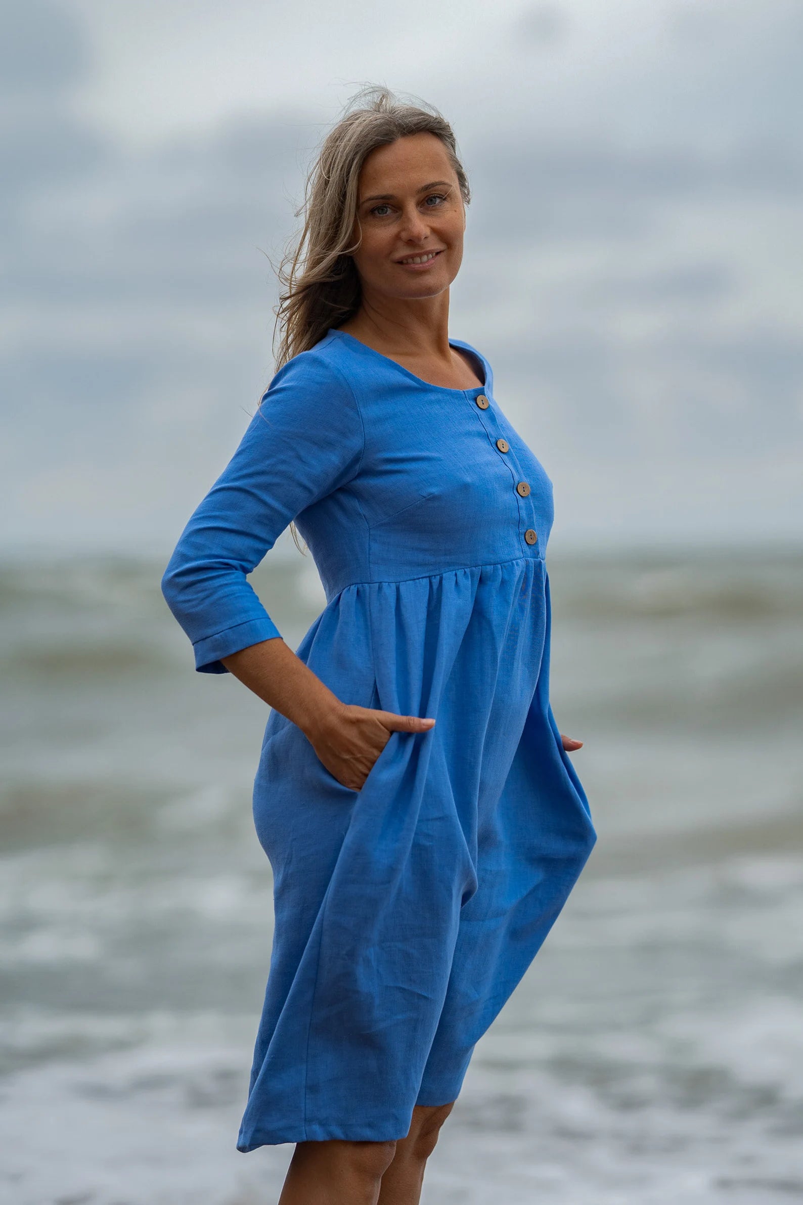 BARBARA Blue Linen Maternity Dress with 3/4 Sleeves - Comfortable Pregnancy Outfit for Casual Wear & Summer Maternity Photos