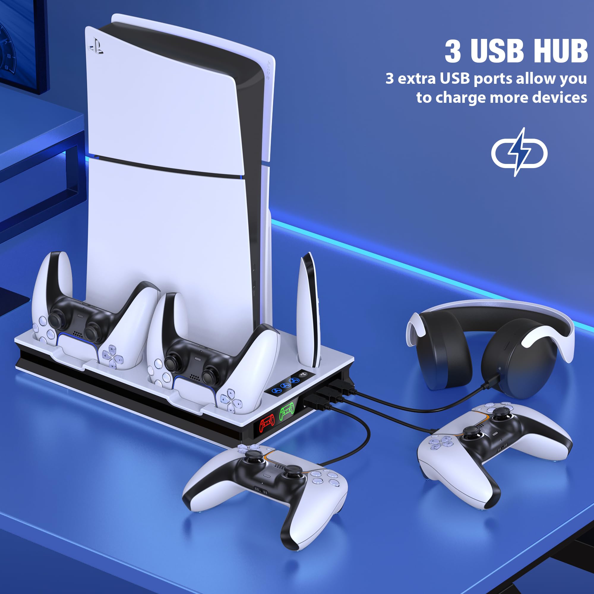 PS5 Slim Stand & Cooling Station with Dual Controller Charger - Vertical Stand for PlayStation 5 Slim Digital/Disc Edition - Includes Headset Holder, 3 USB Hub & Cable Management - Perfect for Gaming Setup & Console Protection