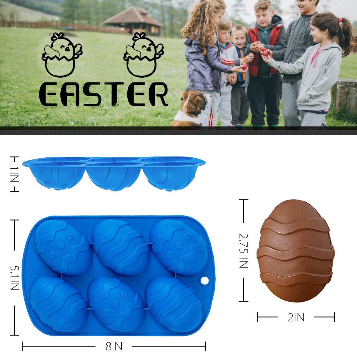 2 Pack Easter Egg Silicone Cake Molds - 6 Cavity Chocolate Candy Molds for DIY Baking, Jelly, Fondant - Perfect for Easter Treats, Holiday Desserts & Party Favors
