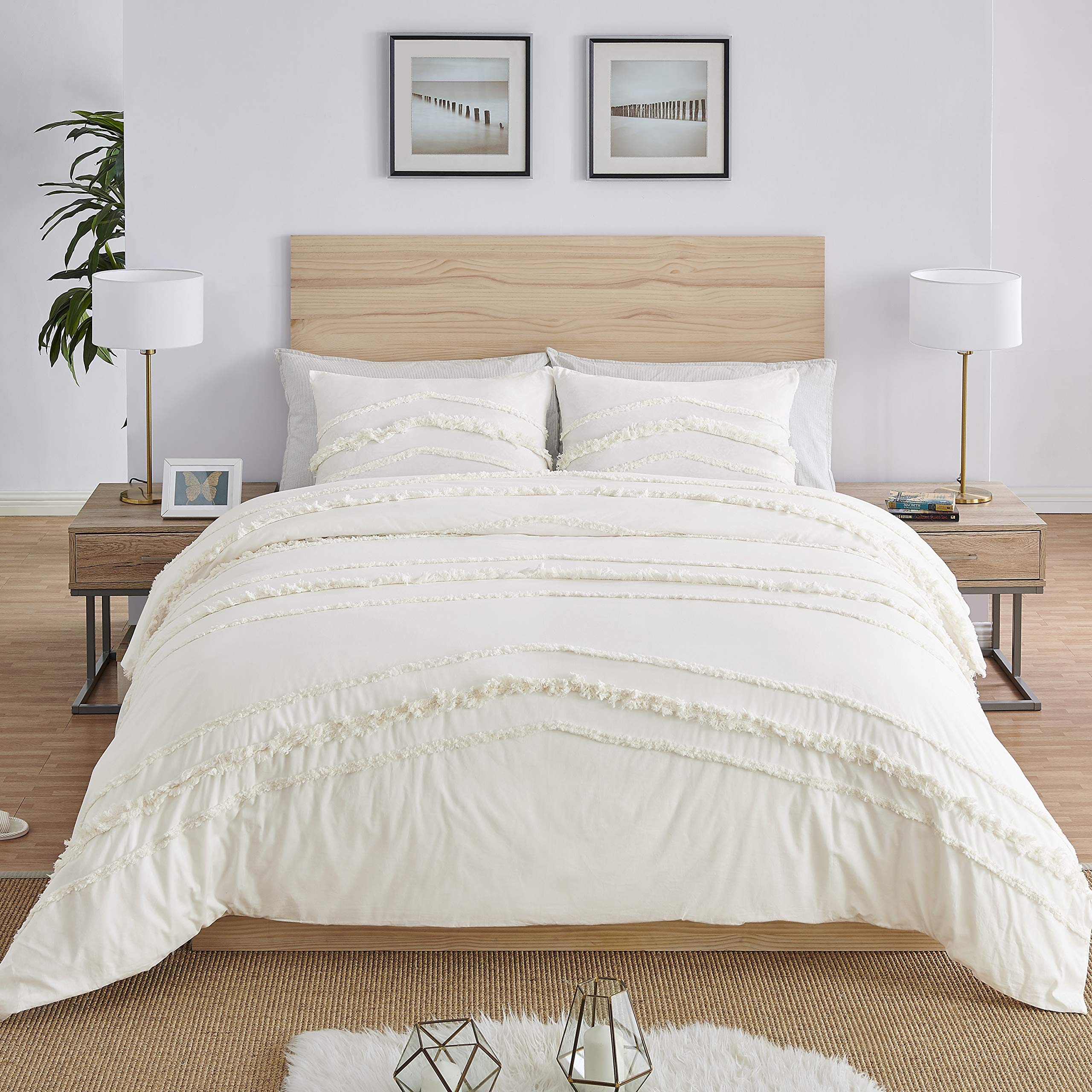Bohemian Boho Chic Ivory Macrame Tufted Tassel Twin/Twin XL Duvet Cover Set - 2 Piece Cream Cotton Farmhouse Bedding with Fringe Details | Perfect for Teen Dorm, Indie Bedroom & Minimalist Home Decor