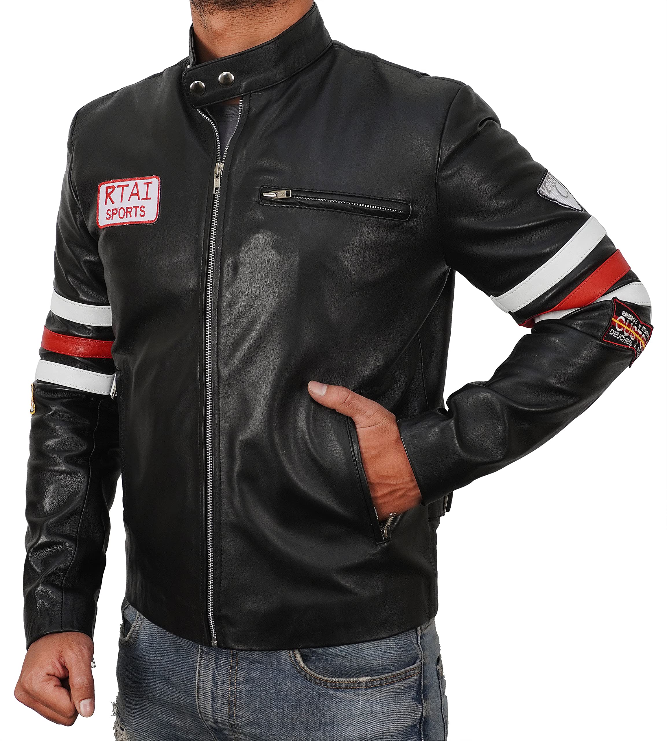 Men's Dr. Gregory House Black Leather Biker Jacket with Hugh Laurie RTAI Sports Patches - TV Show Inspired Motorcycle Jacket for Fans & Bikers - Perfect for Cosplay, Halloween & Riding