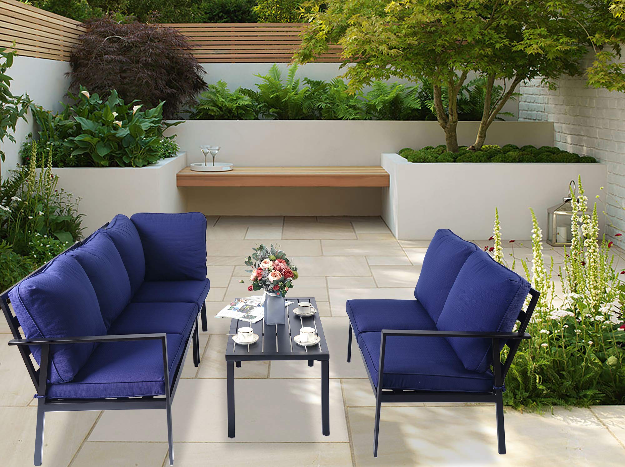 **Kozyard 4-Piece Outdoor Sofa Set - Heavy-Duty Metal Frame & Weather-Resistant Cushions - Patio, Garden, or Backyard Conversation Set - Navy Blue - Perfect for Relaxing, Entertaining, and Outdoor Gatherings**