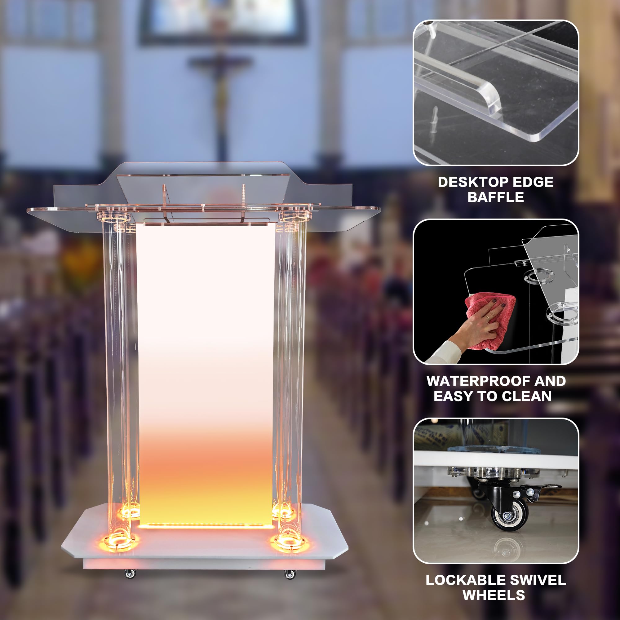 Custom Acrylic Podium Stand with LED Lights & Wheels - Personalized Church Pulpit with Engraved Logo - Portable Lectern for Office, Classroom & Events - Perfect for Sermons, Presentations & Public Speaking