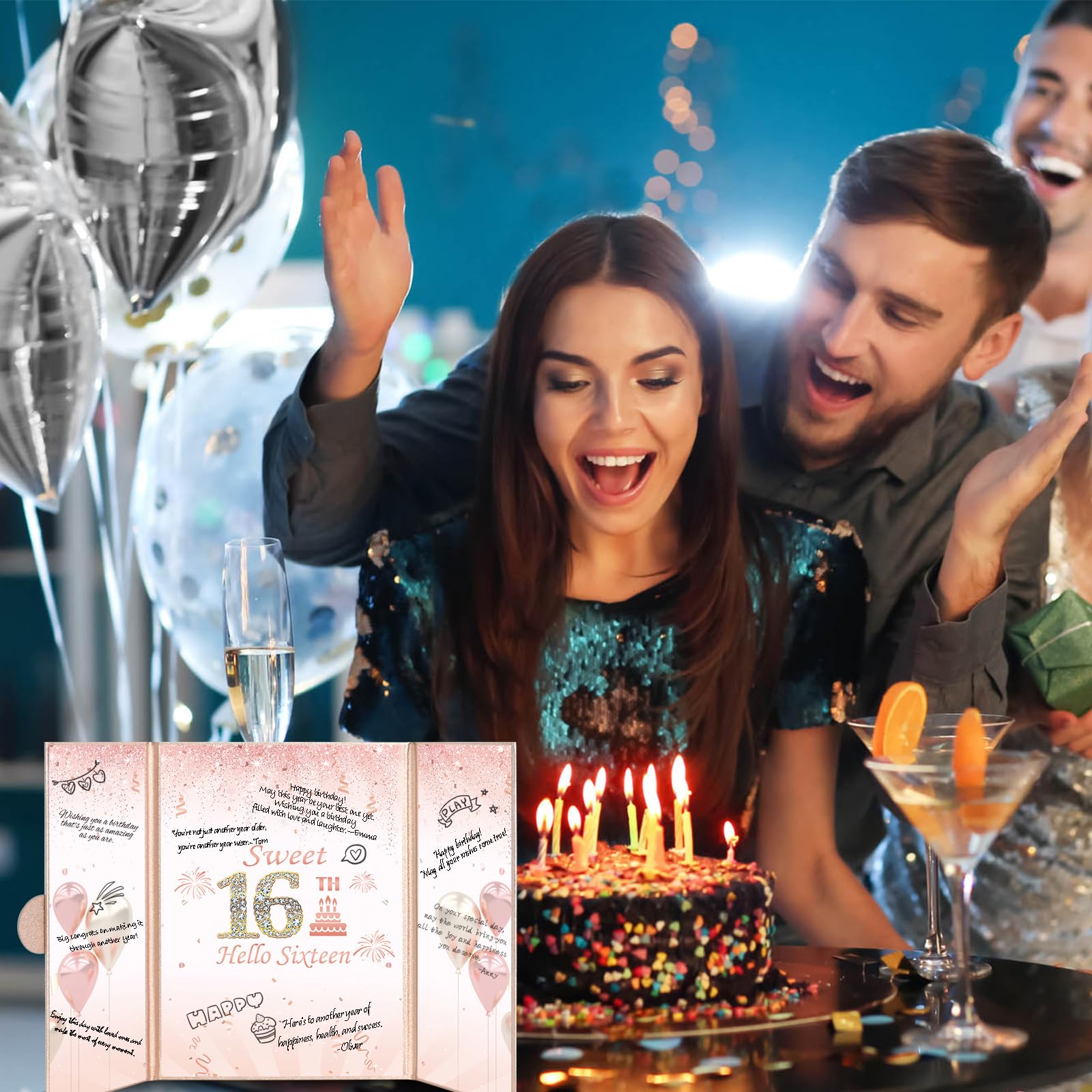 Vuzvuv Rose Gold Sweet 16 Birthday Party Decorations Set - 18x12 Inch Guest Book & Card - Perfect 16th Birthday Gifts for Men & Women - Ideal for Sweet 16 Parties, Milestone Celebrations & Teen Birthday Decor