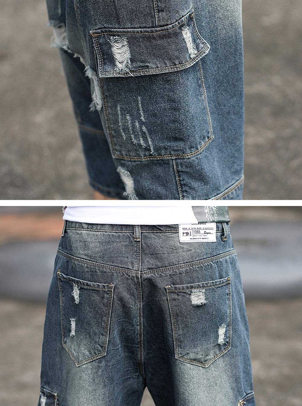 ebossy Men's Loose Fit Ripped Distressed Denim Cargo Shorts - 3/4 Length Below Knee Capri Style for Summer Casual Wear & Street Fashion