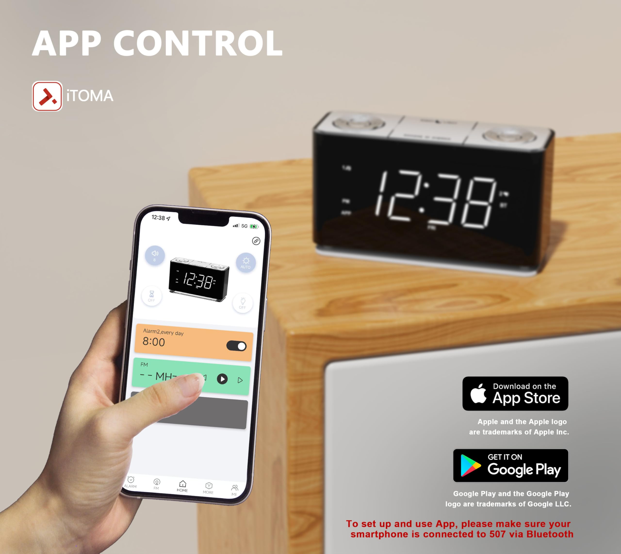 iTOMA Smart Alarm Clock Radio with APP Control - Large LED Display, FM Radio, Dual Alarms, 2 USB Charging Ports, Night Light, Auto/Manual Dimmer, Snooze & Sleep Timer - Perfect for Bedroom, Office, Travel (Model 507)
