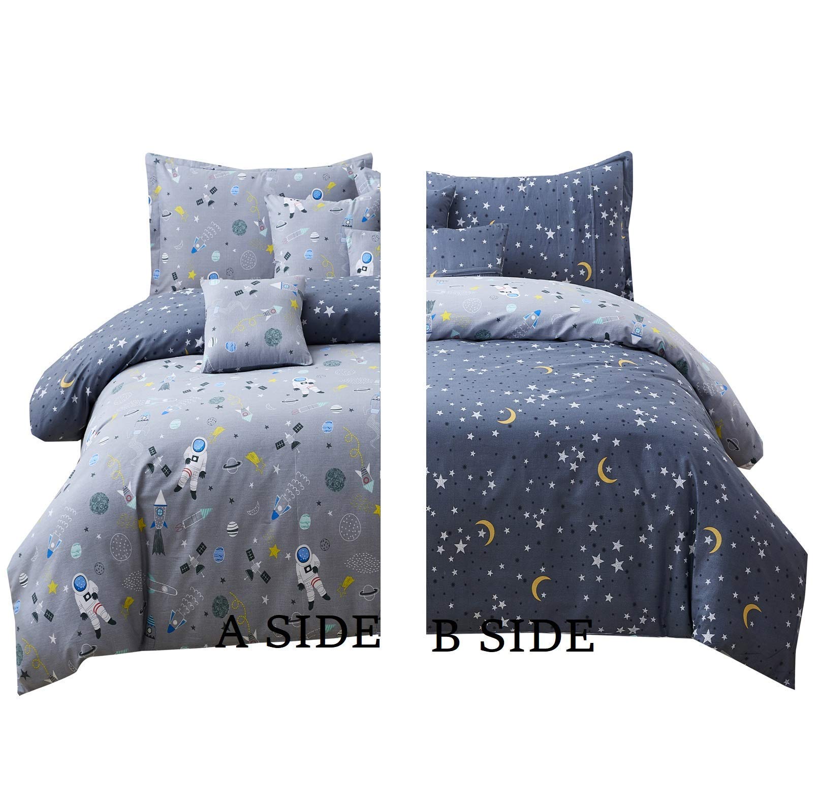 Brandream 7-Piece Queen Size Bed in a Bag - Gray Astronaut Themed Reversible Cotton Bedding Set with Duvet Cover & Sheets | Space-Themed Kids Room Decor for Boys & Girls Bedrooms