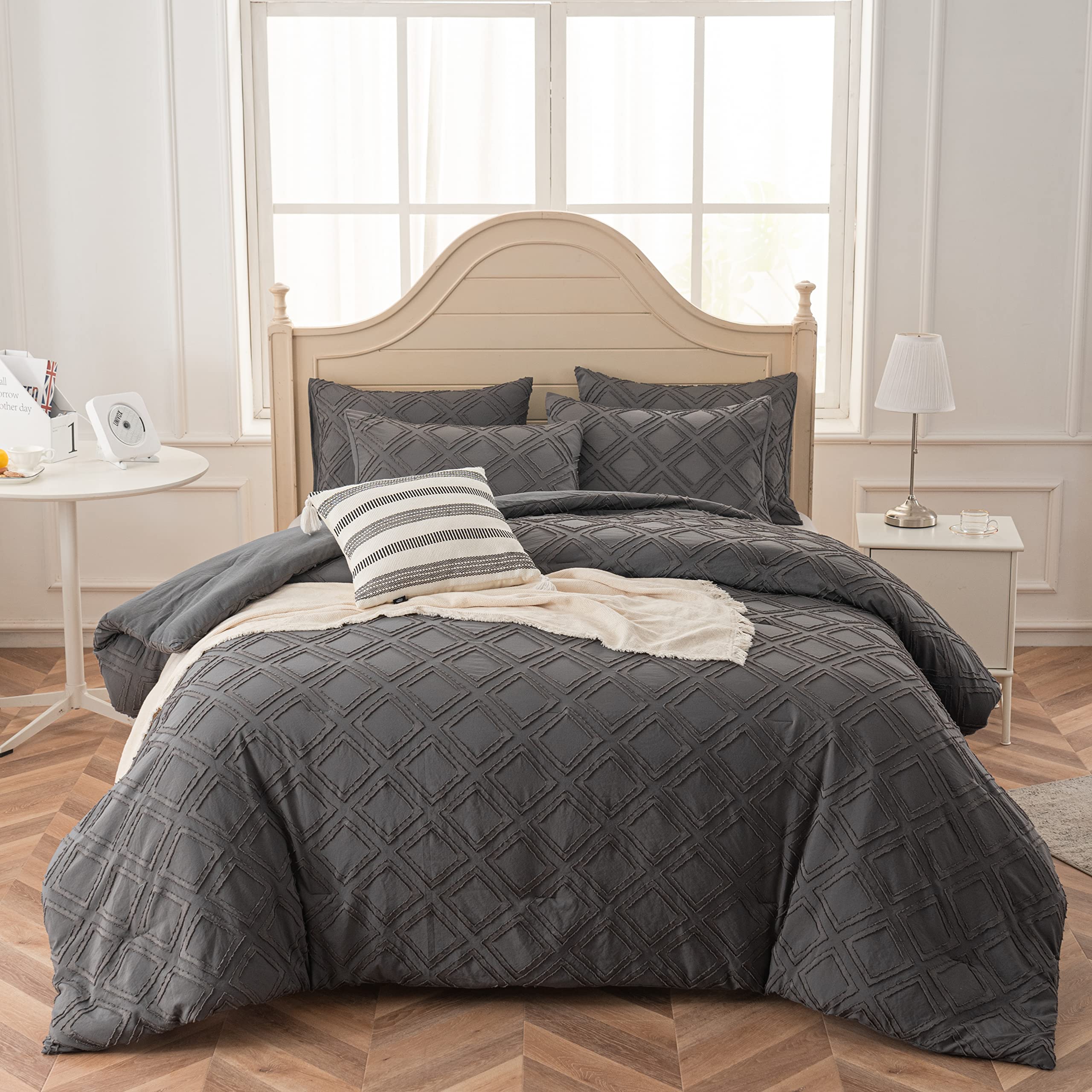 Queen Size Comforter Set - Diamond Tufted Lightweight Microfiber Bedding | Soft & Fluffy All-Season Dark Grey Comforter | Perfect for Master Bedroom, Guest Room & Dorm Decor