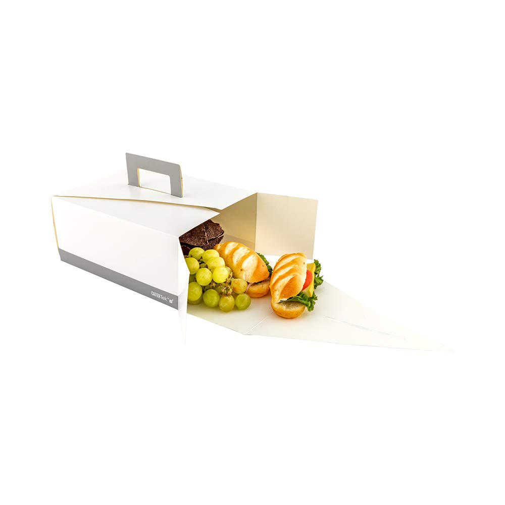 Restaurantware Cater Tek 9 x 7 x 3 Inch Food Boxes - 100 Grease-Resistant Takeout Containers with Handle | Recyclable White & Gray Paper To-Go Boxes for Meals, Snacks, Baked Goods | Perfect for Restaurants, Catering, Food Trucks & Home Meal Prep
