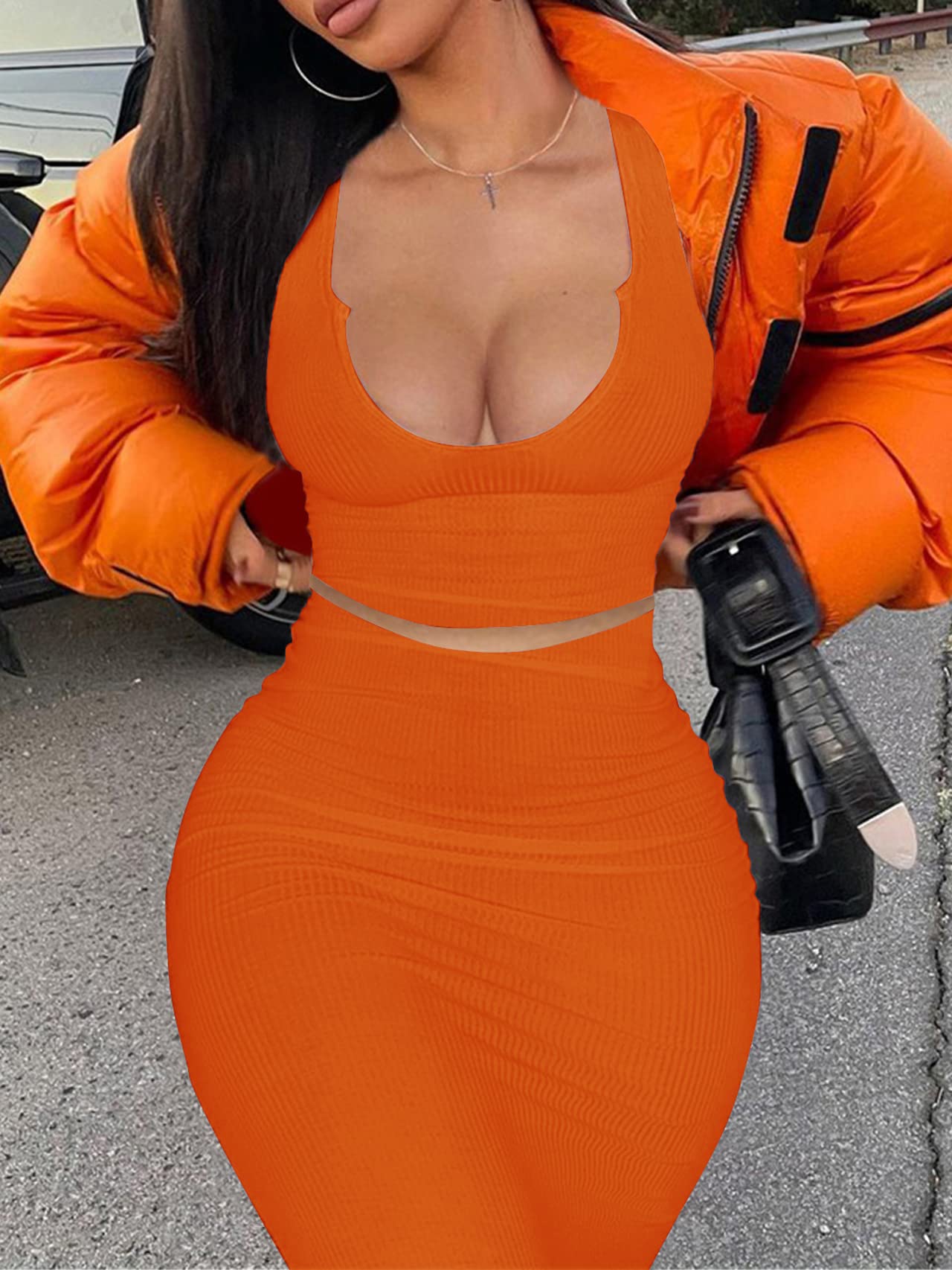 Sexy Women's Two Piece Skirt Outfit - Long Sleeve/Sleeveless V Neck Bodycon Ribbed Knit Maxi Dress for Club, Party & Night Out