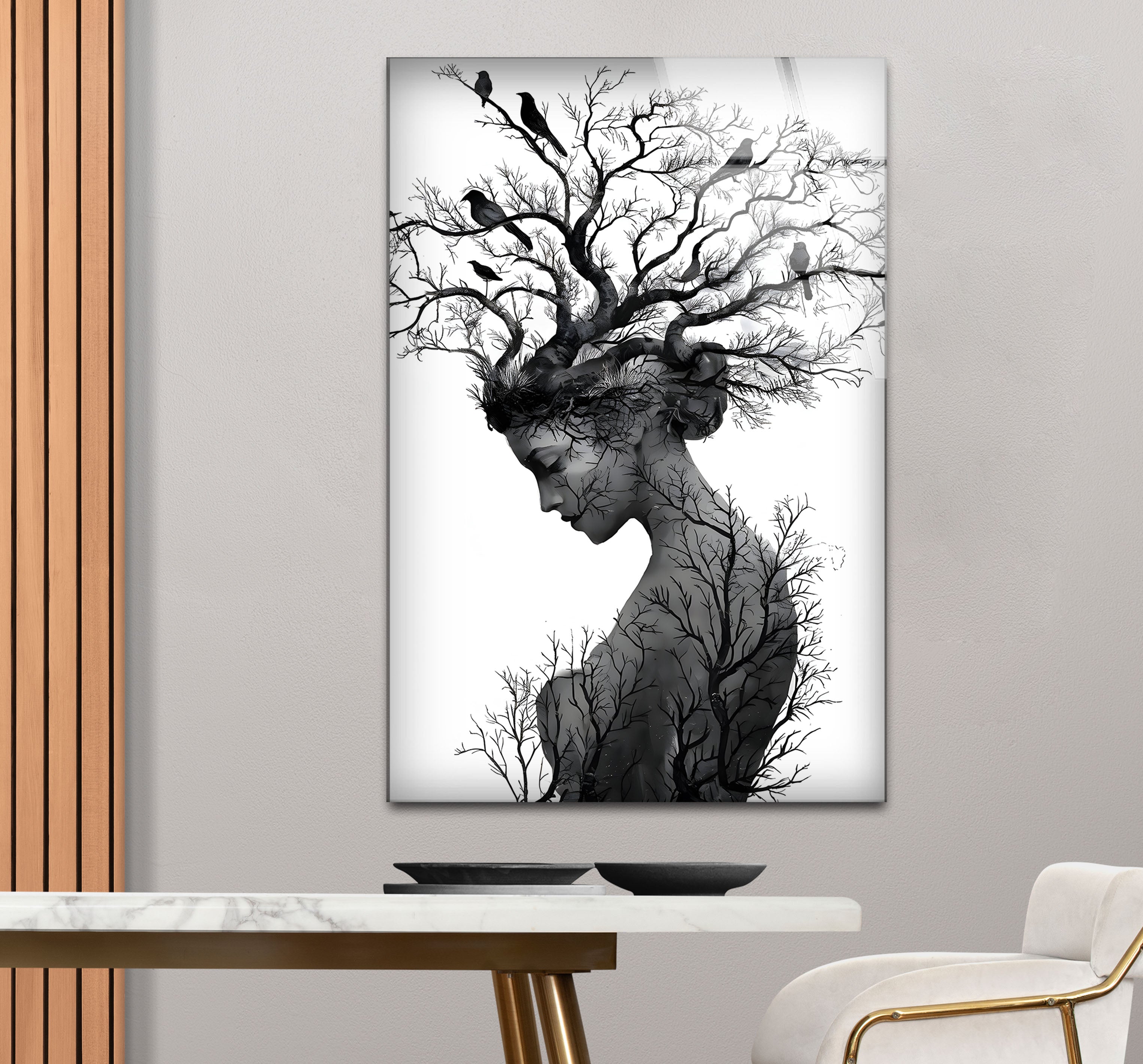 Black and White Mother Nature Glass Wall Art - Elegant Nature-Inspired Home Decor for Living Room, Bedroom & Office