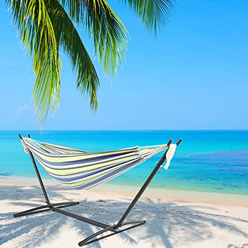 9ft Double Cotton Portable Hammock with Stand - Heavy Duty Space Saving Steel Frame (450 lb Capacity) - Green Striped Hammock with Natural Rope - Perfect for Patios, Backyards, Camping & Outdoor Relaxation