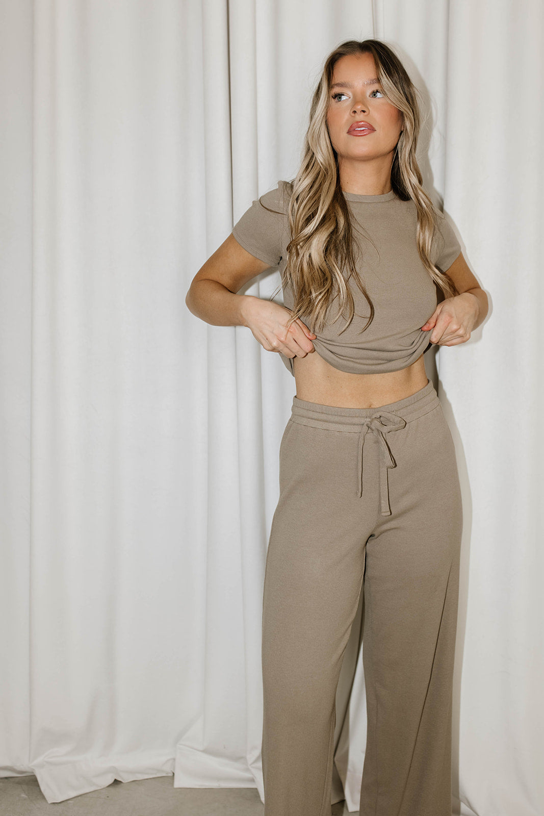 The Muse Knit Ribbed Short Sleeve Top & Pants Set - Women's Casual Lounge Outfit in Mocha Brown | Soft Stretchy Comfort Wear for Yoga, Travel & Home Relaxation