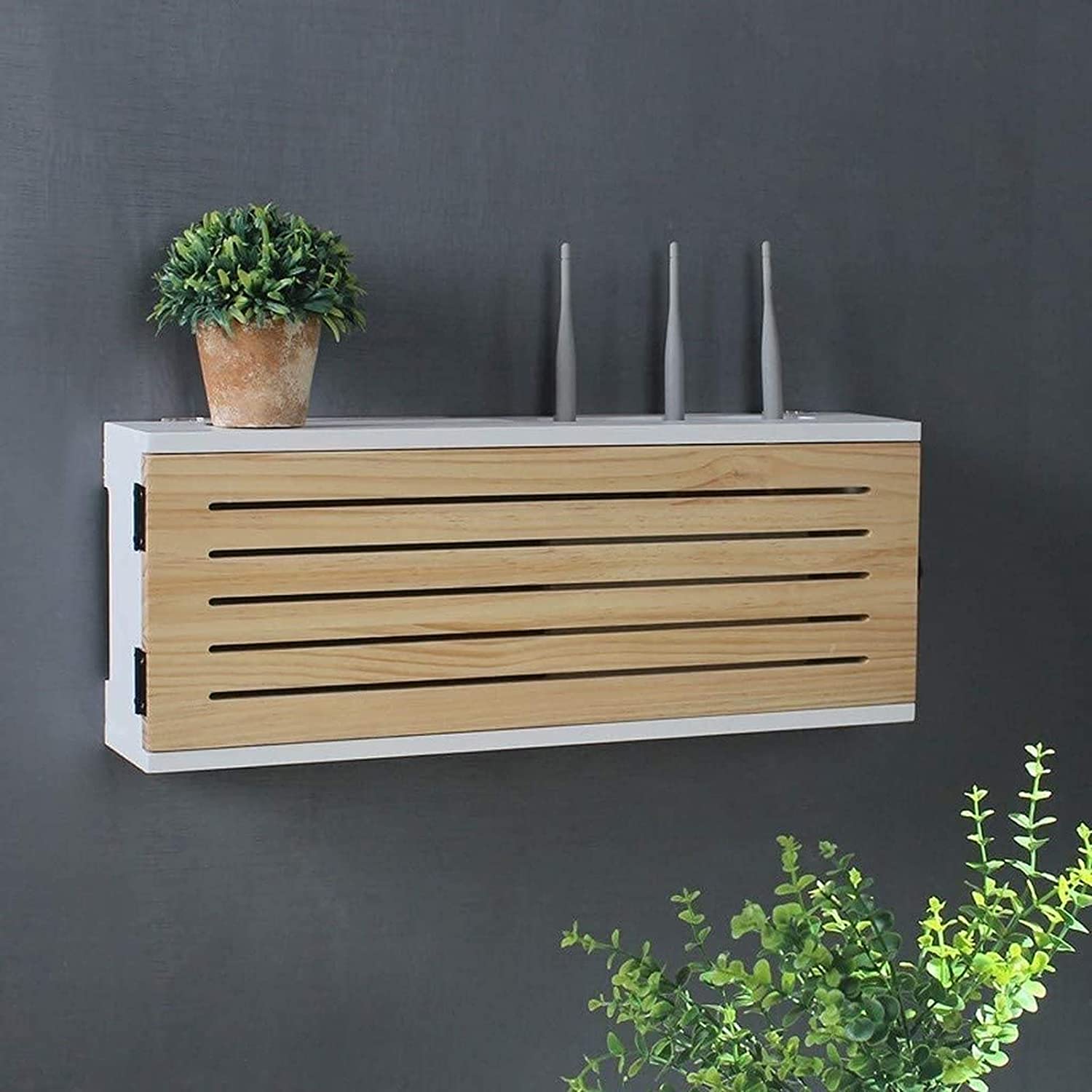White 40cm Solid Wood Wall Mounted Floating Shelf for Wireless Router - Organize Network TV, Lower Row Sockets & Hide Cables - Perfect for Home Office, Living Room & Entertainment Center Setup