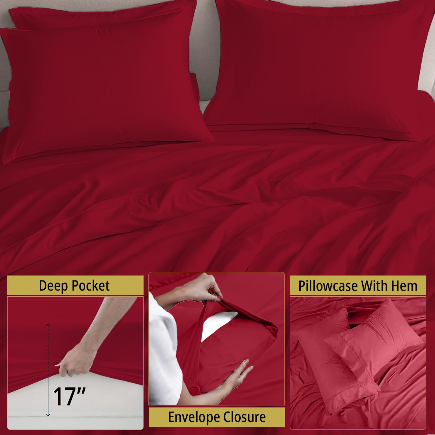 Marina Shades King Size Sheet Set - 100% Egyptian Cotton Burgundy Bed Sheets, 17 Inch Extra Deep Pocket, High Thread Count, Cooling & Breathable 4-Piece Luxury Hotel Bedsheets - Perfect for Master Bedroom, Guest Room & Vacation Homes