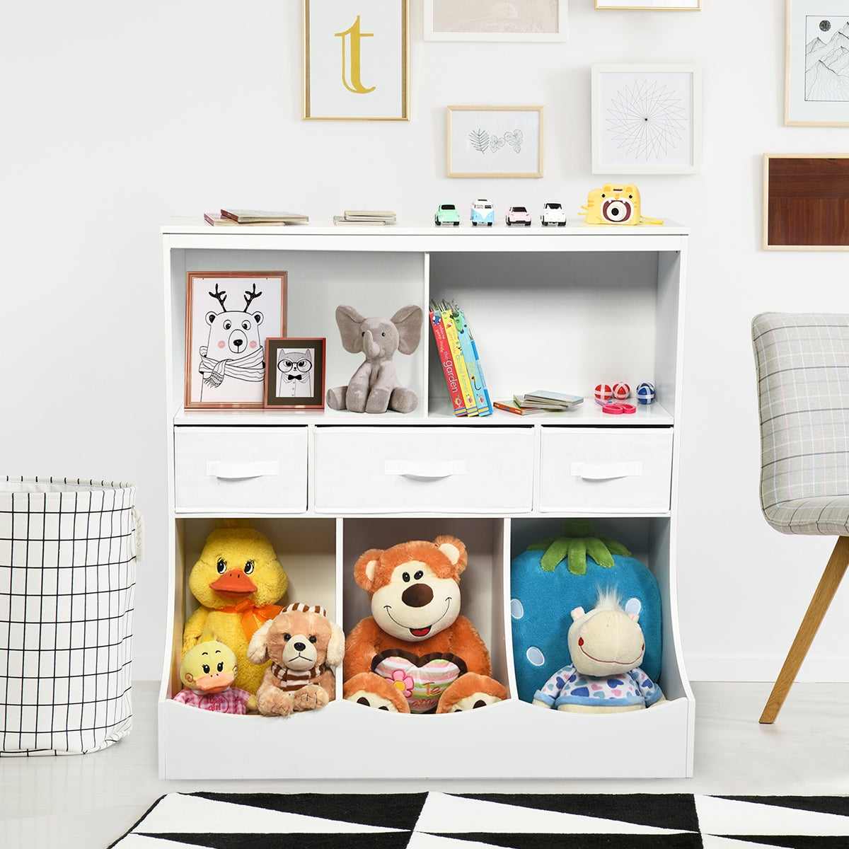White Freestanding Combo Cubby Bin Storage Organizer with 3 Baskets - Perfect for Kids' Room, Nursery, Playroom & Closet Organization