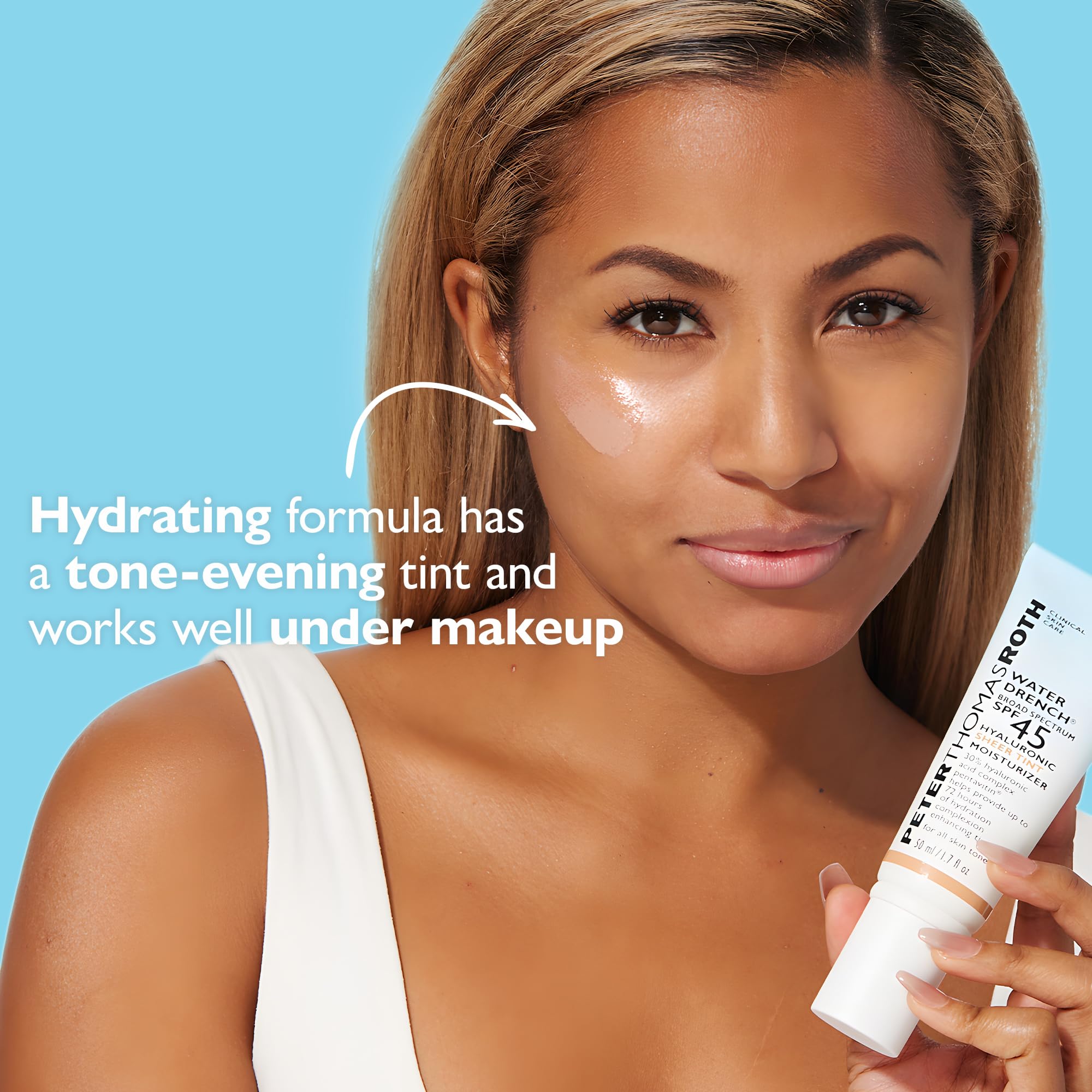 Peter Thomas Roth Water Drench Hyaluronic Cloud Sheer Tint Moisturizer SPF 45 - Hydrating Tinted Sunscreen for Face, Lightweight Broad Spectrum Protection, Universal Sheer Tint for All Skin Tones | Daily Wear, Makeup Base, Sun Protection for Dry & Sensitive Skin