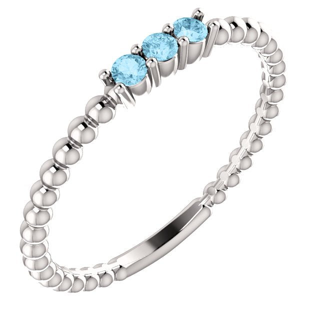 14Kt Gold 0.12 CTW Aquamarine 3 Stone Beaded Stackable Ring for Women - Elegant Jewelry Gift for Anniversary, Birthday & Special Occasions