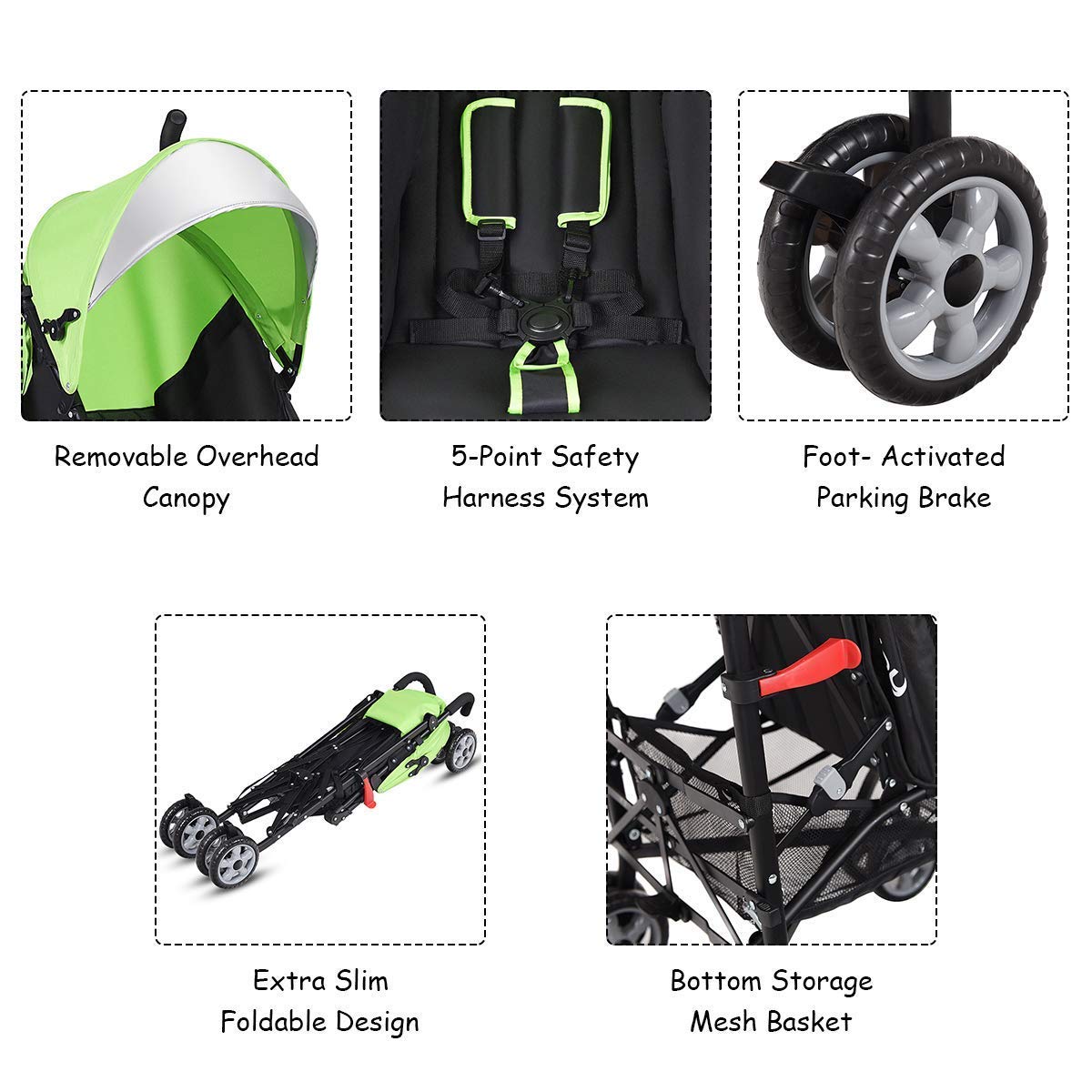 HONEY JOY Lightweight Compact Baby Stroller for Travel - Adjustable Canopy & Reclining Seat with 5-Point Safety Harness, Cup Holder & Storage Basket | Foldable Umbrella Stroller for Toddlers | Perfect for Airplane, Shopping & Daily Walks (Green)