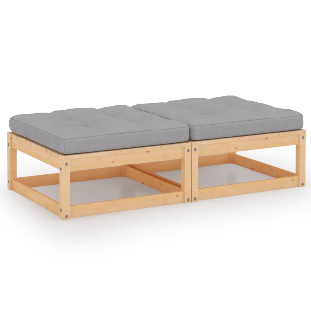vidaXL Solid Wood Pine Patio Footstools with Cushions, Set of 2 – Outdoor Gray Cushioned Footrests with Modular Design, Easy Assembly – Perfect for Garden, Deck, Poolside & Patio Relaxation