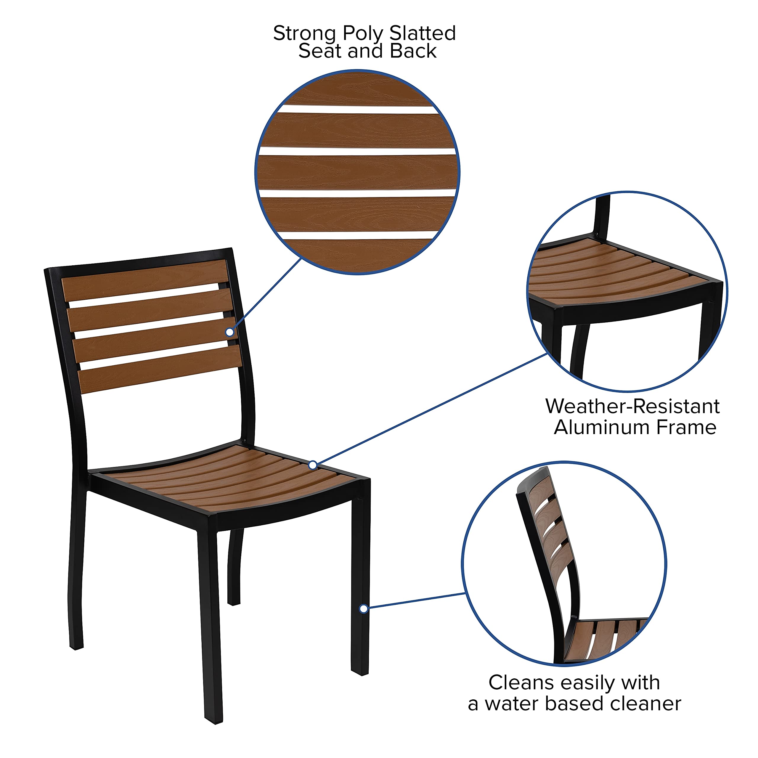 Flash Furniture Lark Outdoor Stackable Side Chairs with Faux Teak Poly Slats - Set of 2 - Perfect for Patio, Deck, Garden & Poolside Seating