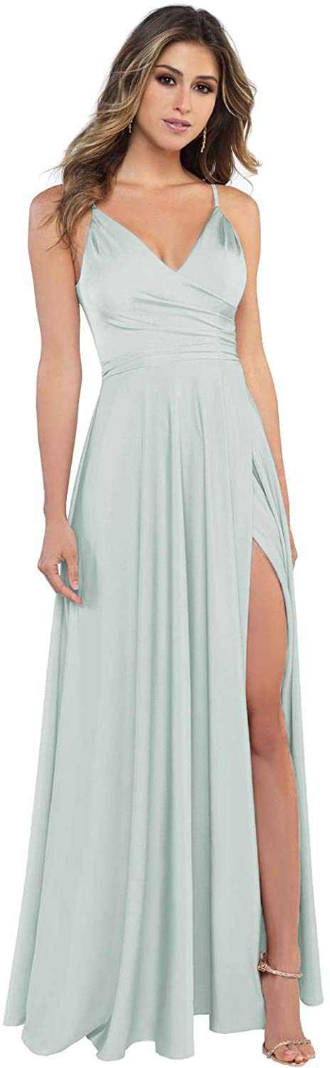 Elegant Long Satin Spaghetti Strap Prom Dress with High Slit - Formal Evening Gown for Women & Bridesmaids | Perfect for Weddings, Galas, and Special Occasions