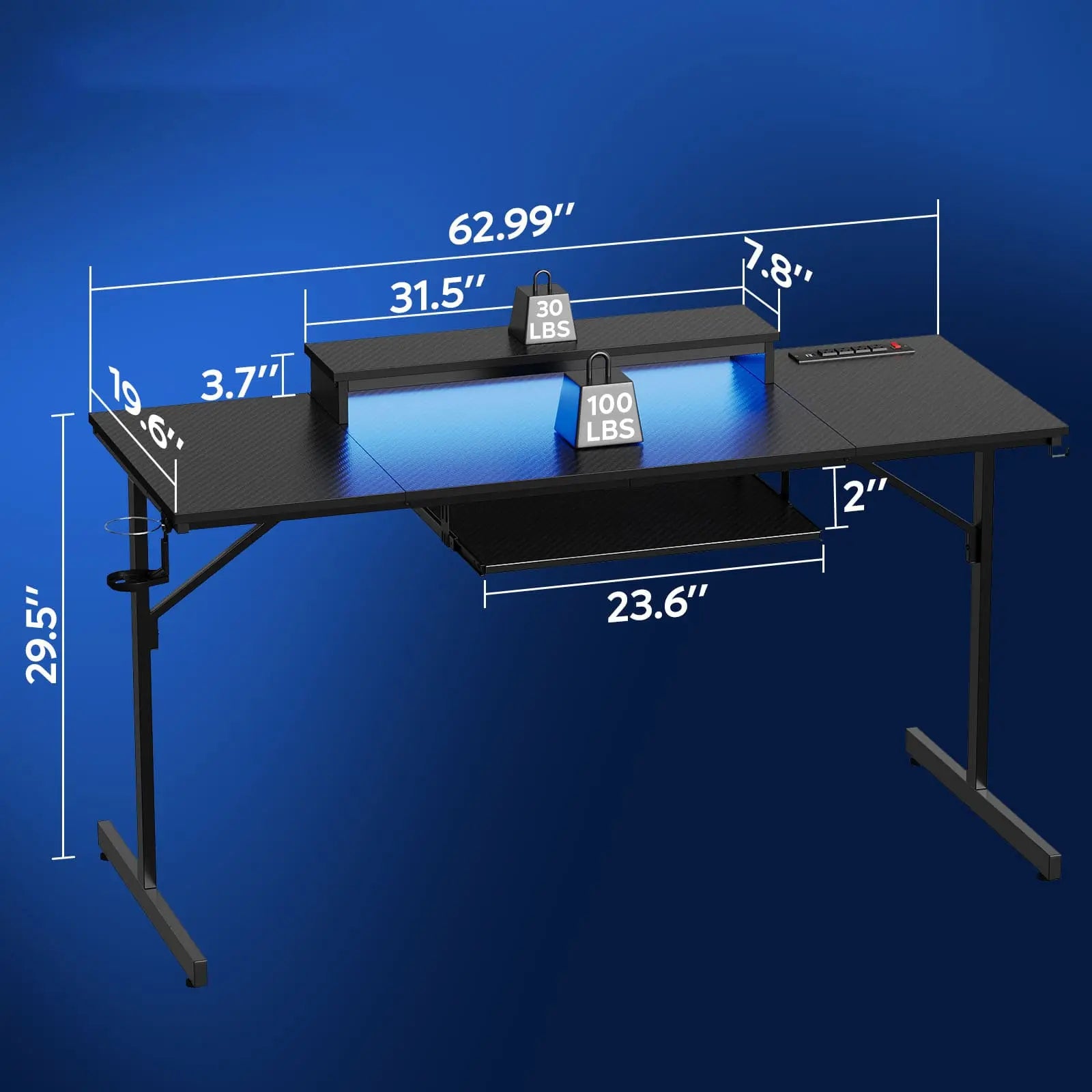 Bestier 63 Inch LED Gaming Desk with Keyboard Tray - Ergonomic Computer Desk for PC & Console Gamers - Perfect for Home Office, Streaming Setup & Esports Gaming