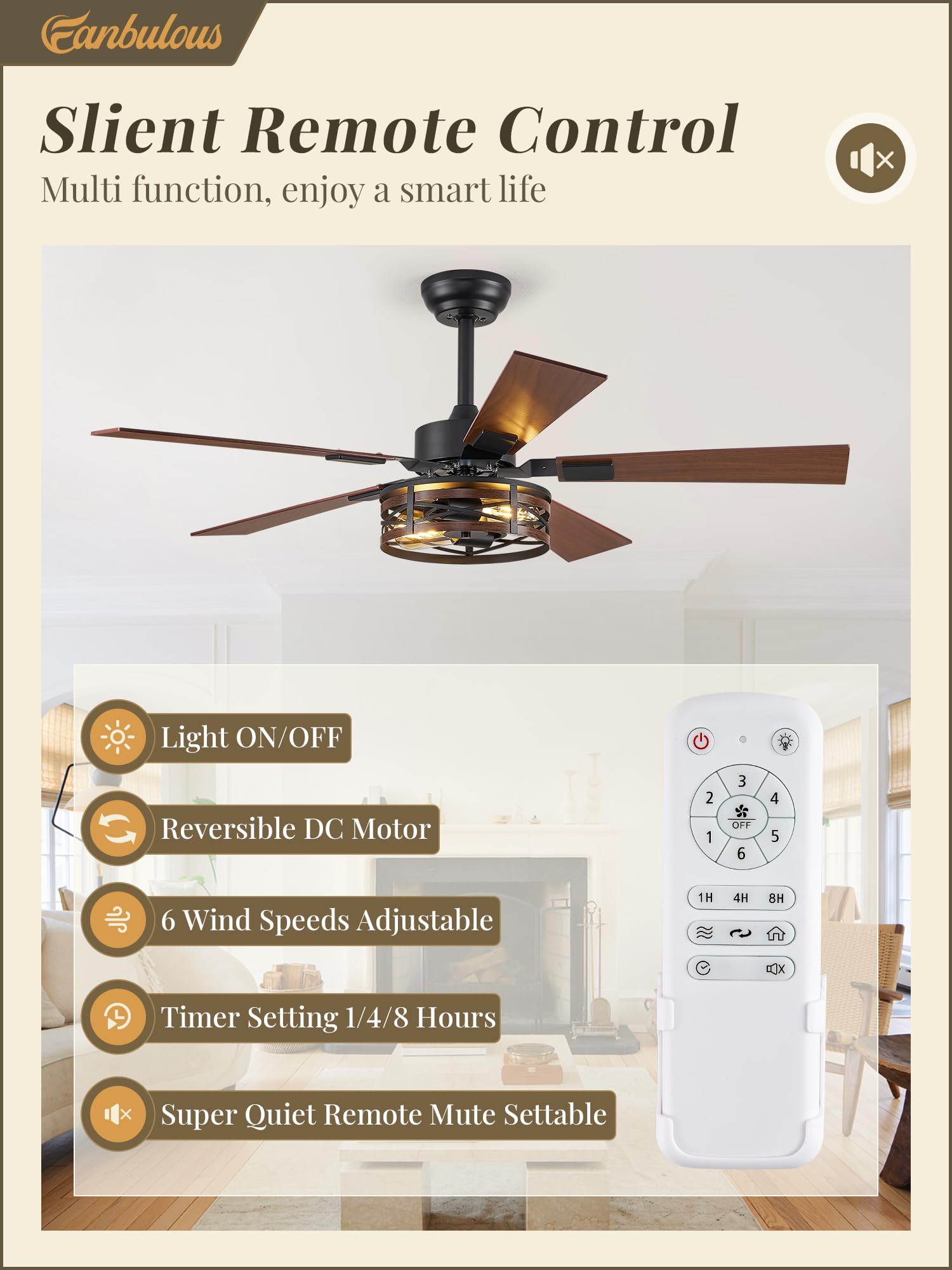 48 Inch Rustic Farmhouse Ceiling Fan with Light - 6-Speed Adjustable Quiet Reversible DC Motor, Dual Finish 5 Blades - Perfect for Bedroom, Living Room, Porch & Farmhouse Decor