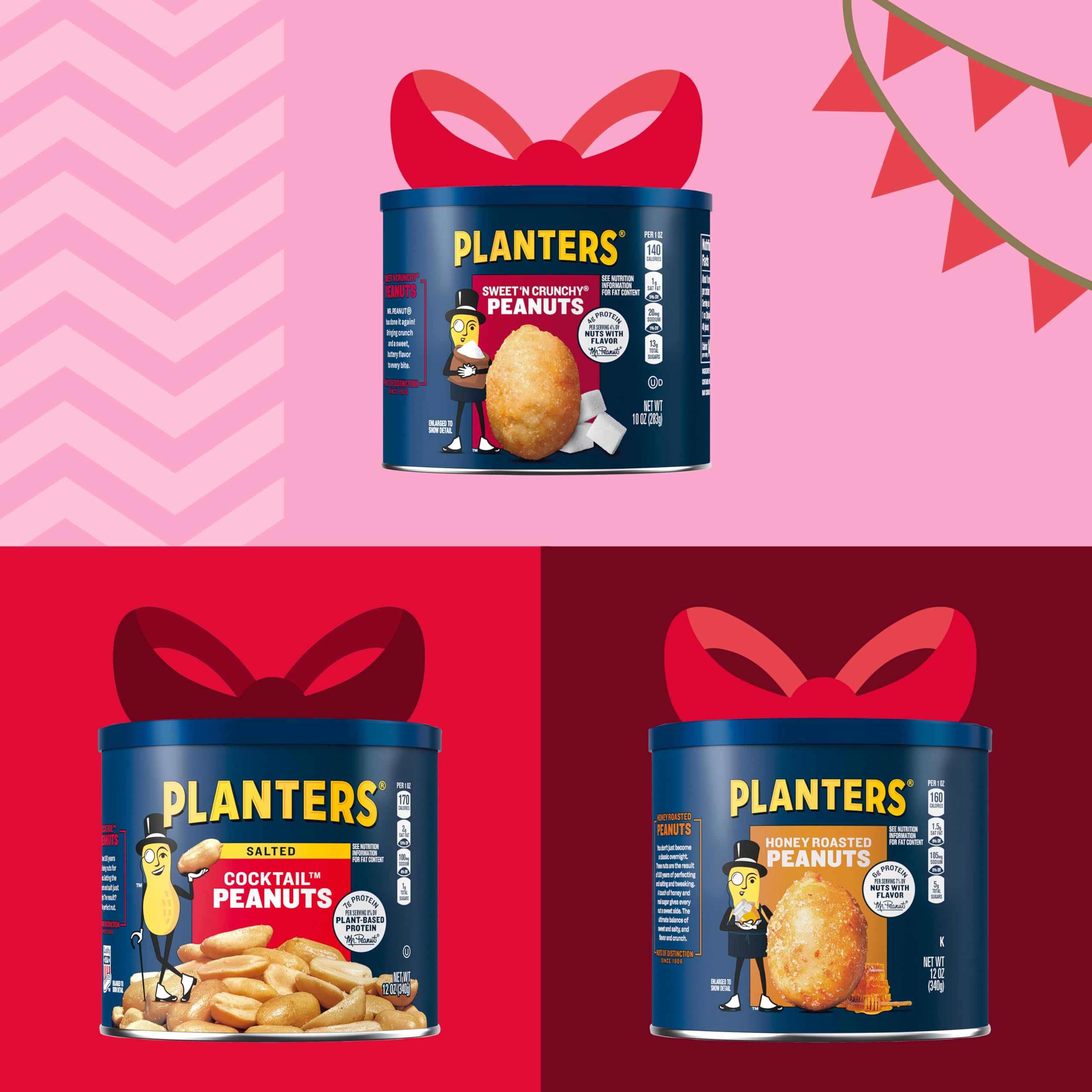 PLANTERS Peanuts Holiday Trio Pack - Sweet n Crunchy, Honey Roasted & Cocktail Peanuts Variety Snack Pack (3 Canisters) - Perfect for Office Snacks, Party Favors & Holiday Gifting