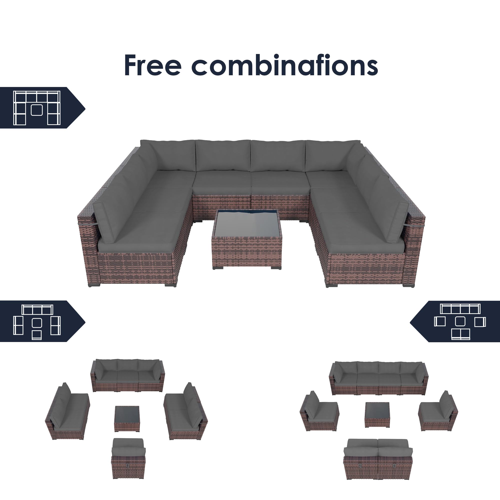 Amopatio 9-Piece All-Weather Outdoor Patio Furniture Set - Modern Wicker Sectional Sofa with Glass Coffee Table, Thick Gray Cushions & Waterproof Cover - Perfect for Backyard, Poolside & Garden Relaxation