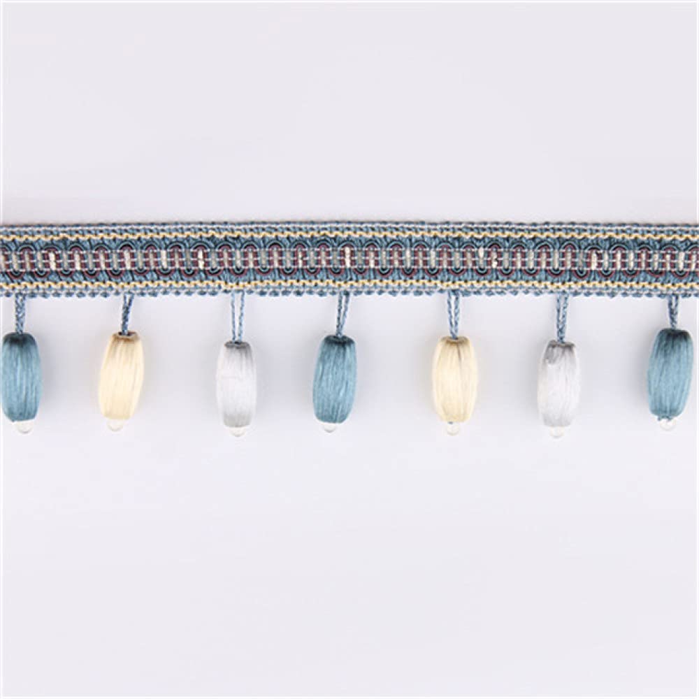 QUNLIPAI 12M/Lot Wood Bead Curtain Lace Tassel Fringe Trim Ribbon - DIY Home Decor Accessories for Windows, Drapes & Crafts (Blue)