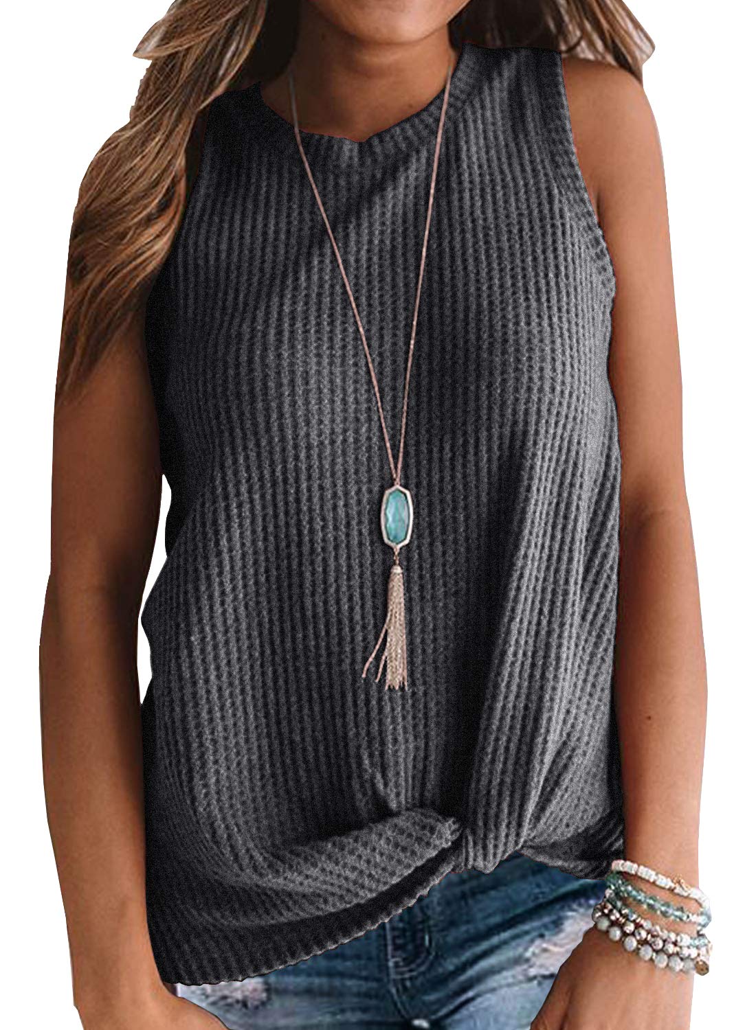 IWOLLENCE Women's Waffle Knit Tank Top - Casual Sleeveless Blouse with Twist Knot Detail | Summer Beachwear, Layering Tops & Casual Outfits
