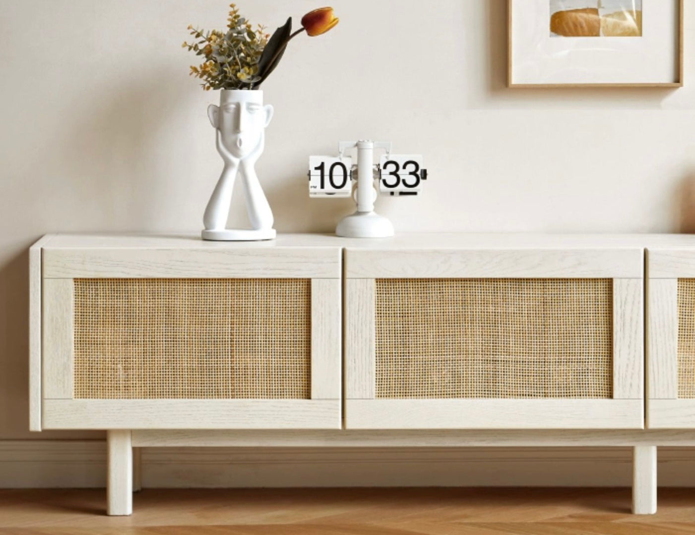 Solid Oak Wood Rattan TV Stand with LED Lights - Modern Cream Style Entertainment Center for Living Room, Bedroom & Home Theater