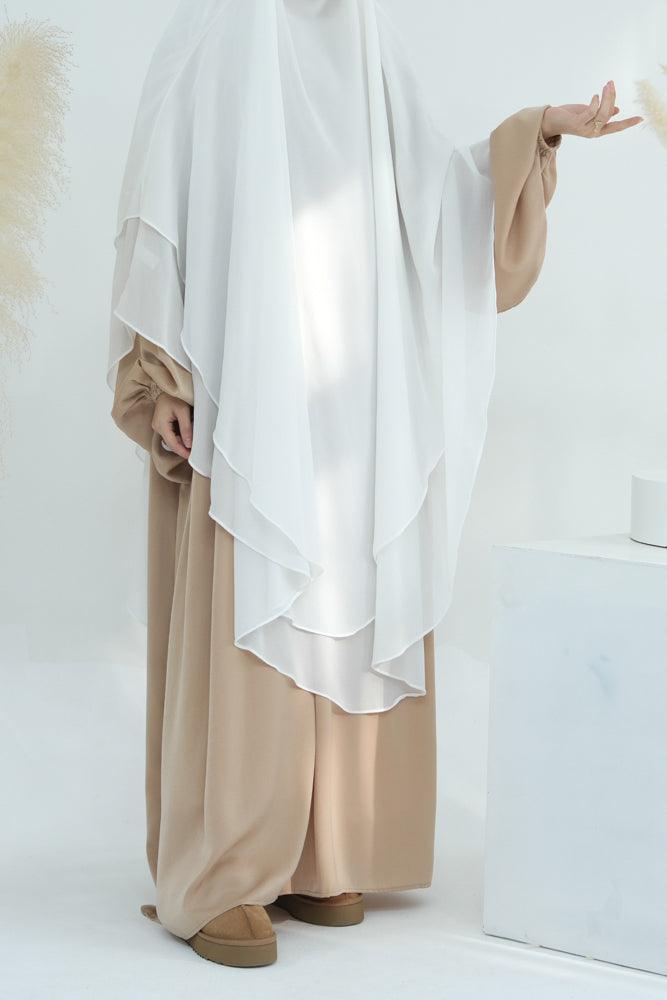 Extra Long Two Layer Chiffon Khimar Scarf - Elegant White Muslim Prayer Shawl for Women | Perfect for Hijab, Prayer, and Special Occasions