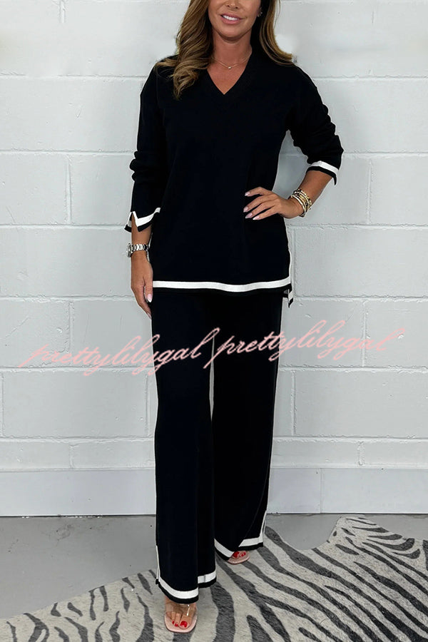 Solid Color V-Neck Long Sleeve Loose Top & Elastic Waist Wide Leg Pants Set - Women's Casual Outfit for Work, Travel and Everyday Wear