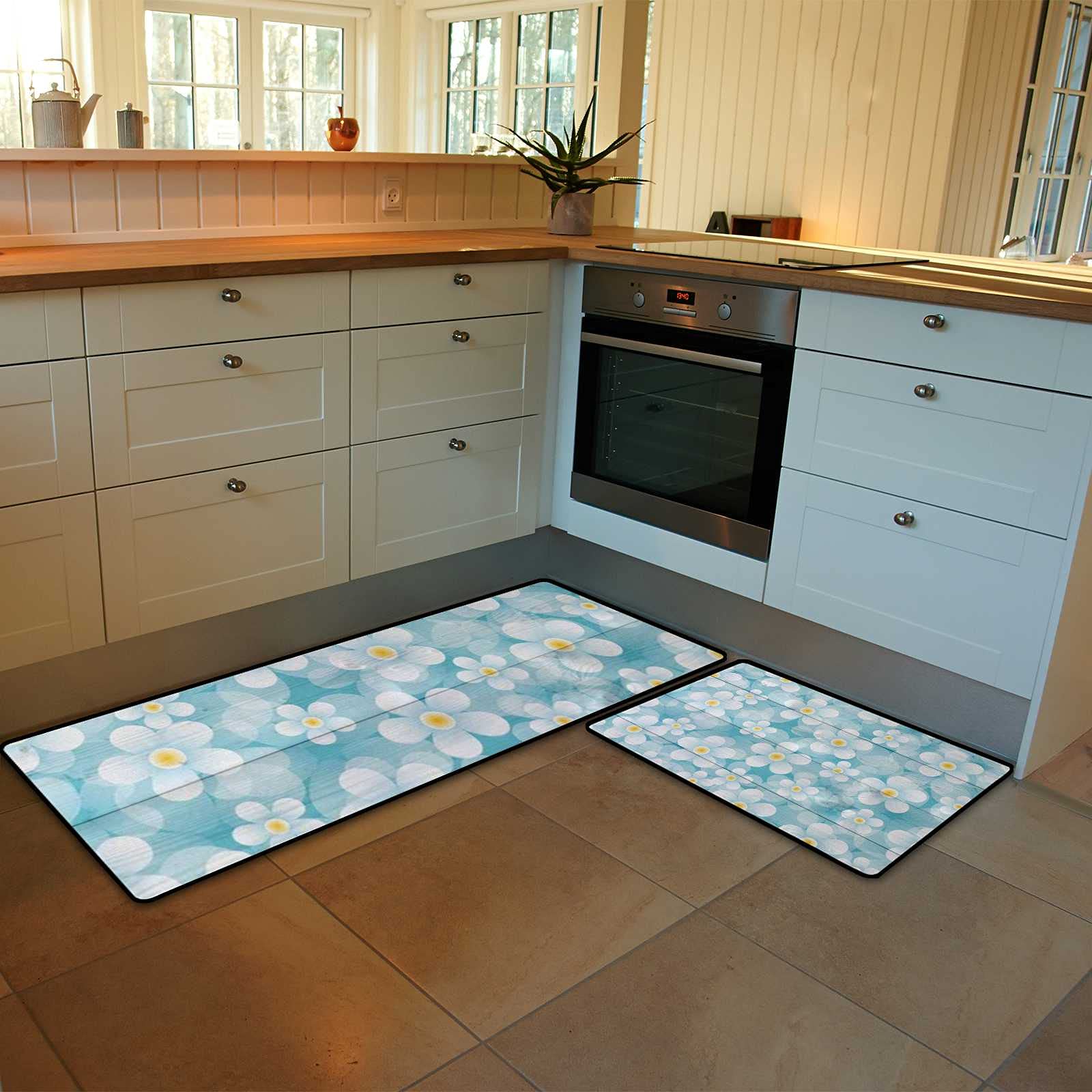 Non-Slip Kitchen Rugs Set of 2 - Soft Absorbent Coral Velvet Washable Floor Mats (17.7×29.1Inch + 17.7×58.2Inch) - Daisy Wood Blue Design for Modern Kitchens | Perfect for High-Traffic Areas, Sink & Stove Protection