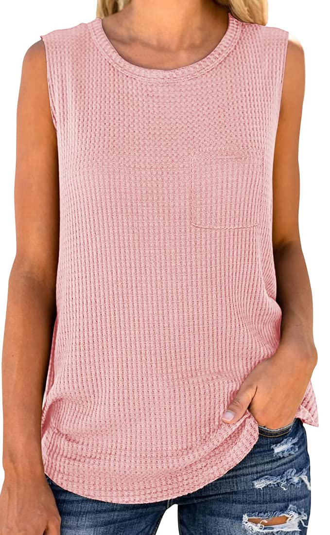 Pandolah Women's Round Neck Tuxedo Sleeveless Solid Color Waffle Knit Tank Top | Casual Summer Tee for Work, Date & Vacation