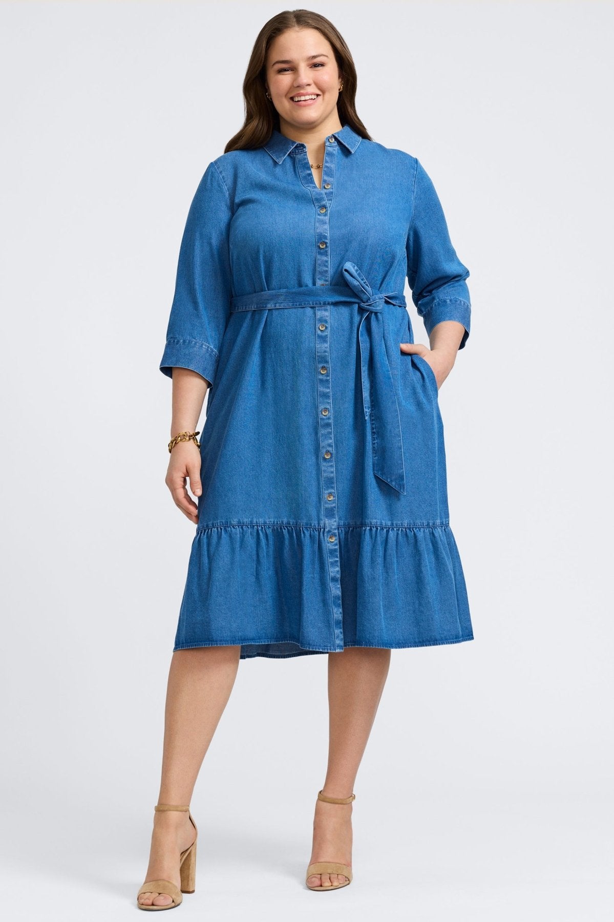 Stylish Ivy Plus Tencel® Denim 3/4 Sleeve Midi Dress for Women | Comfortable & Eco-Friendly Casual Outfit | Perfect for Brunch, Office Wear & Summer Evenings