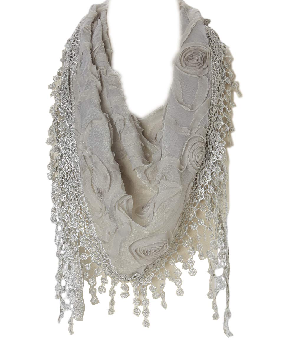 TAN'S Floral Lace Silk Blend Scarf - Light Gray Triangle Shawl with Fringe | Elegant Women's Fashion Accessory for Spring Outfits, Weddings & Special Occasions