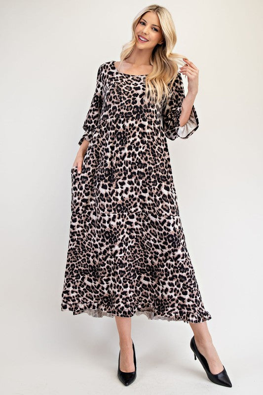 Celeste Women's Full Size Leopard Print Round Neck Flounce Sleeve Dress - Elegant Party & Cocktail Wear for Evening Events
