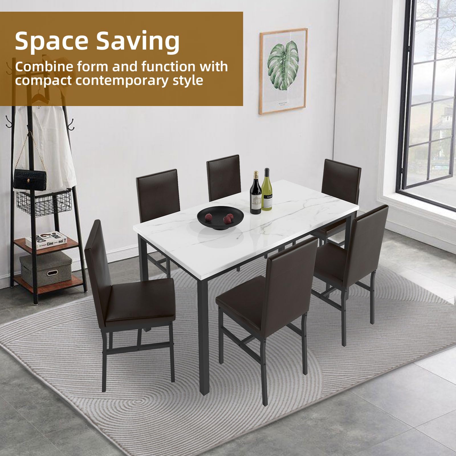 6-Piece Dining Table Set with Faux Marble Top & PU Leather Chairs - Modern Kitchen Table & Chair Set for Small Spaces, Apartments & Dining Rooms (White 1 Table + 6 Chairs) - Perfect for Family Meals, Dinner Parties & Compact Living Spaces